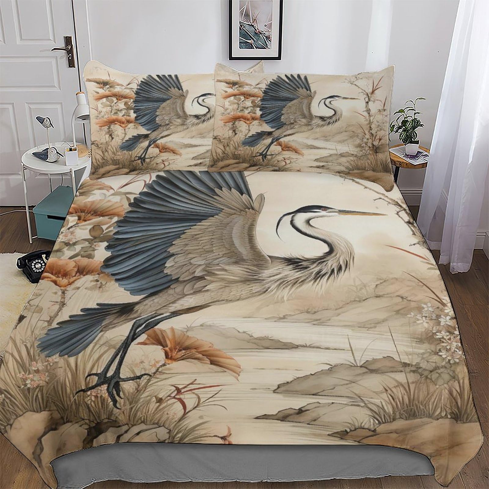 GGJJTT Crane Duvet Cover Set 2 PCs Soft Quilt Cover Microfiber Bedding Set with Pillowcase for Kids Adult Comforter Cover Single135x200cm