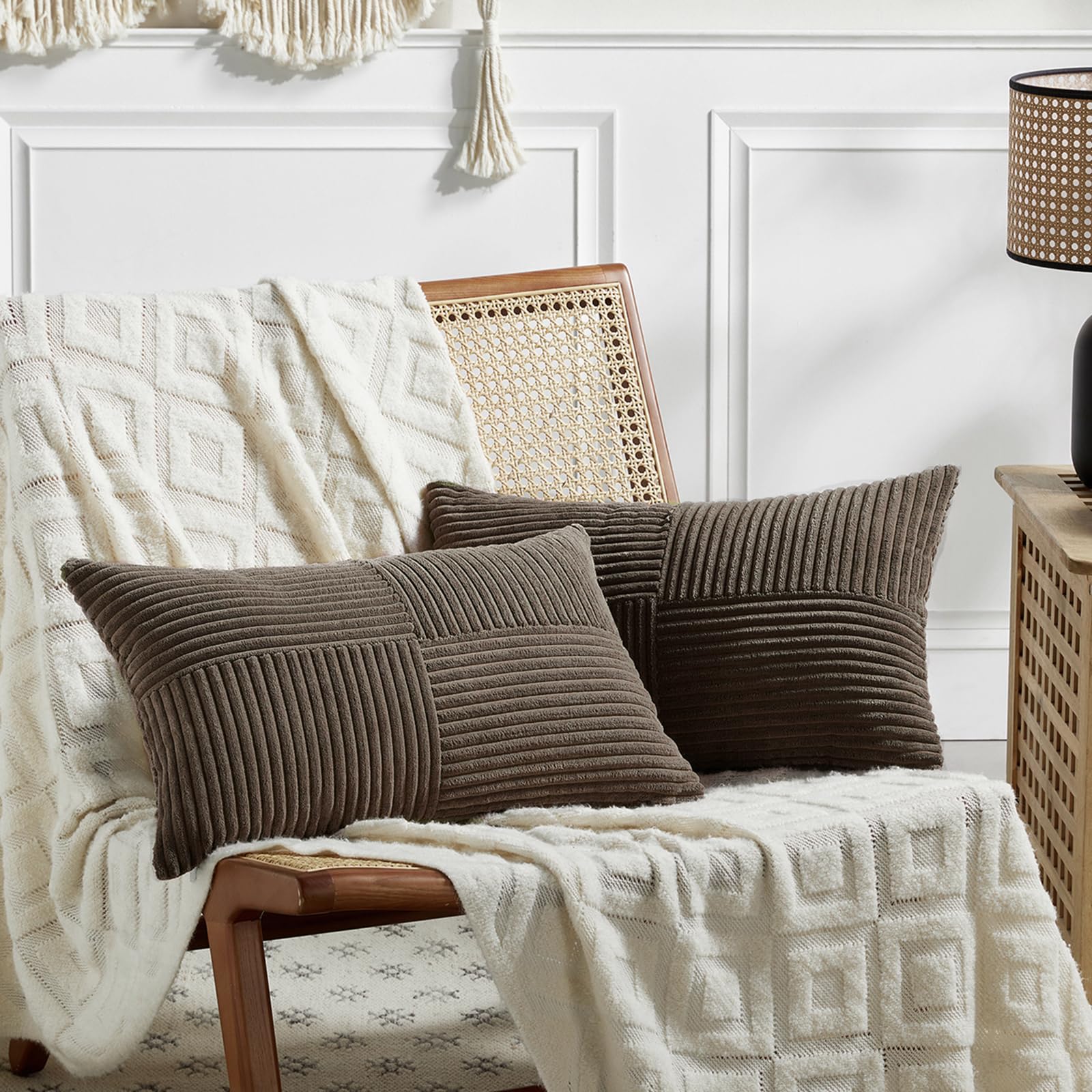 FDTERN Decorative Throw Pillow Covers 14 x 24 Inch for Living Room Couch Bed, Rustic Farmhouse Boho Home Decor, Soft Striped Corduroy Accent Cushion Covers, 35 x 60 cm (Pack of 2), Dark Brown โ image 1