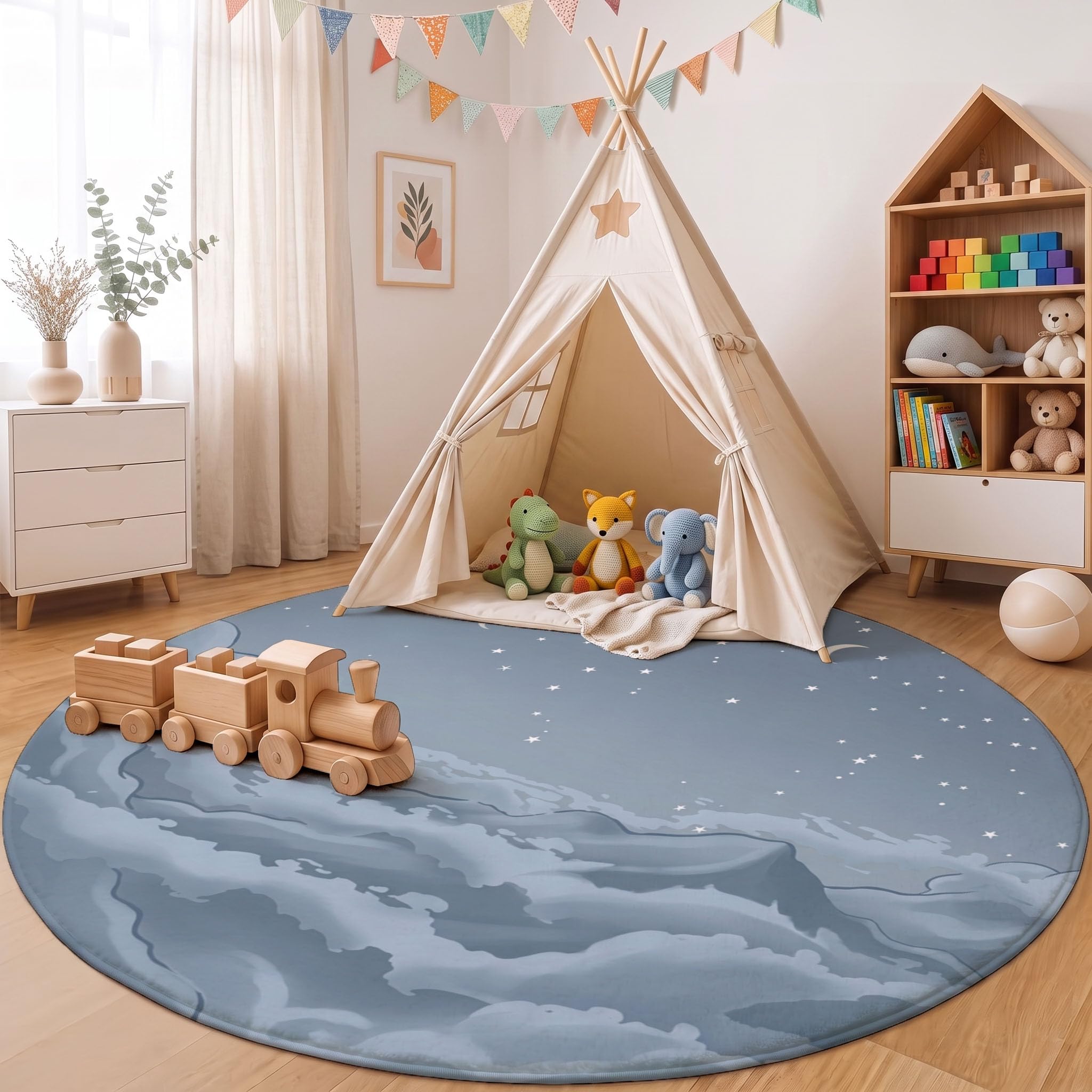 Tapis rond Ciel étoilé de dessin animé avec envers antidérapant et lavable