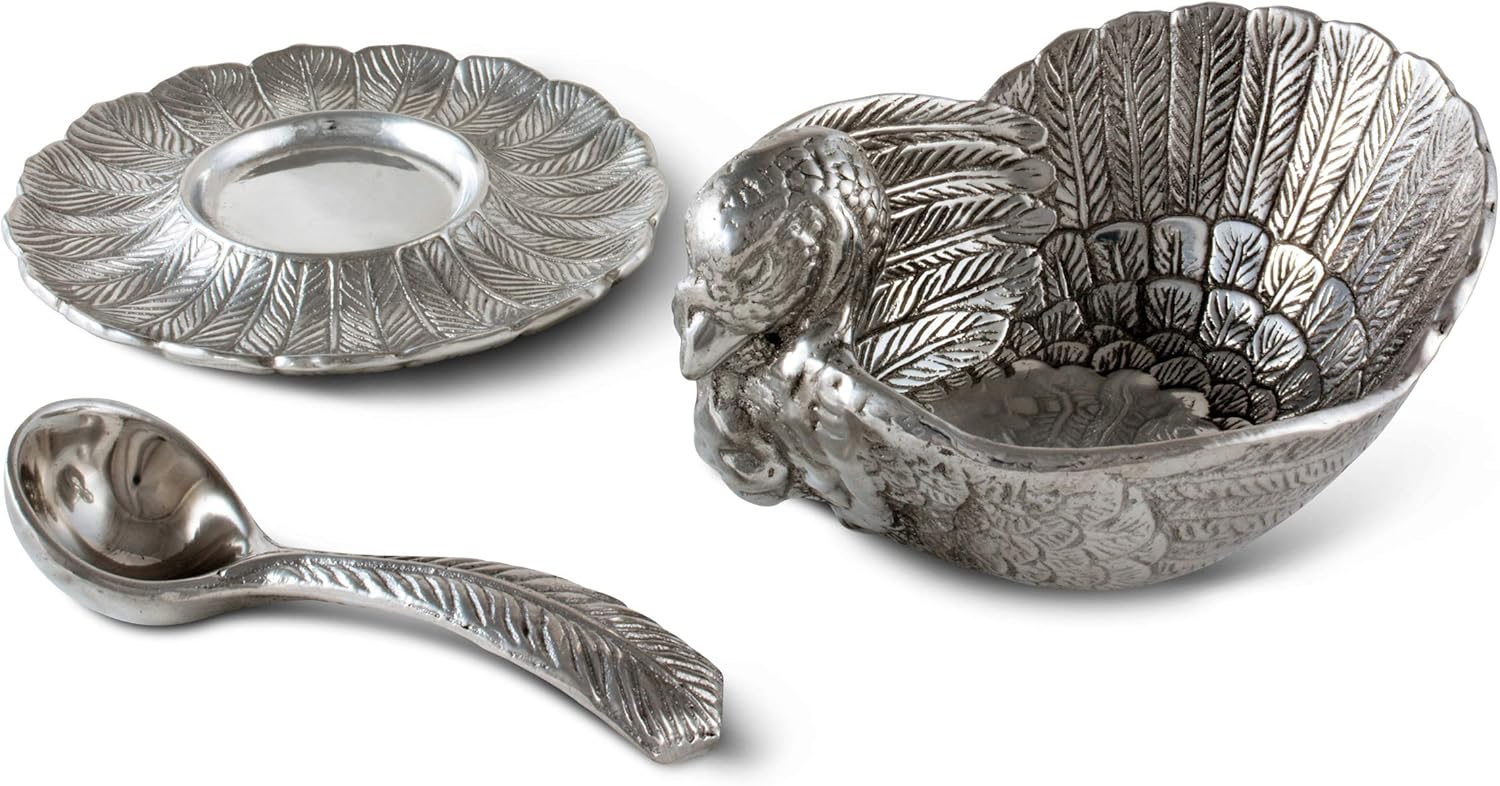 Arthur Court Designs Aluminum Turkey 3-Piece Condiment Set Tray/Bowl/Spoon 7 inch Diameter Tray