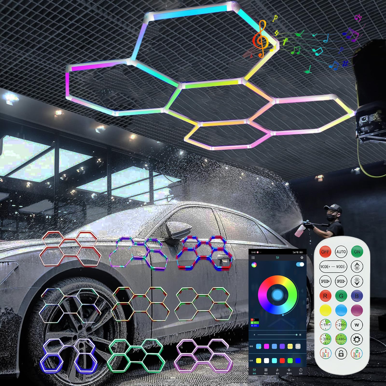Luces Led Hexagonales Rgb Hexagonos Led Luz Garaje Hexágonos Lampara, Luz De Garaje Techo 358 +Modelo Música Cochera Belleza Del Coche Para Estaciones De Trabajo Y Talleres