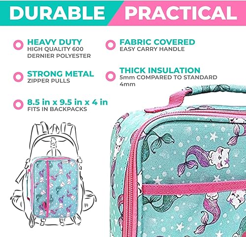 Miniatura 6 de Juego de lonchera bento con bolso de aislamiento, botella de agua y bolsa de hielo para niños y niñas pequeños 5 secciones de porciones, bandeja