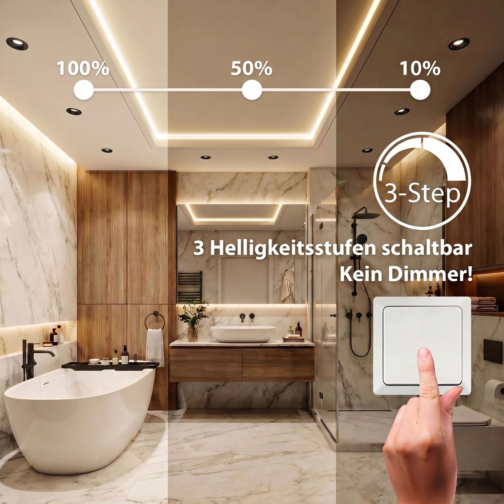 Maxkomfort 12er LED Einbaustrahler 230V 3-Step Dimmbar - Ultraflach 35mm, 5W 365lm Warmweiß 3000K - IP44 Bad Deckenspots Schwarz für Decke - Einbauspots 72mm Bohrloch, Kein Trafo Nötig