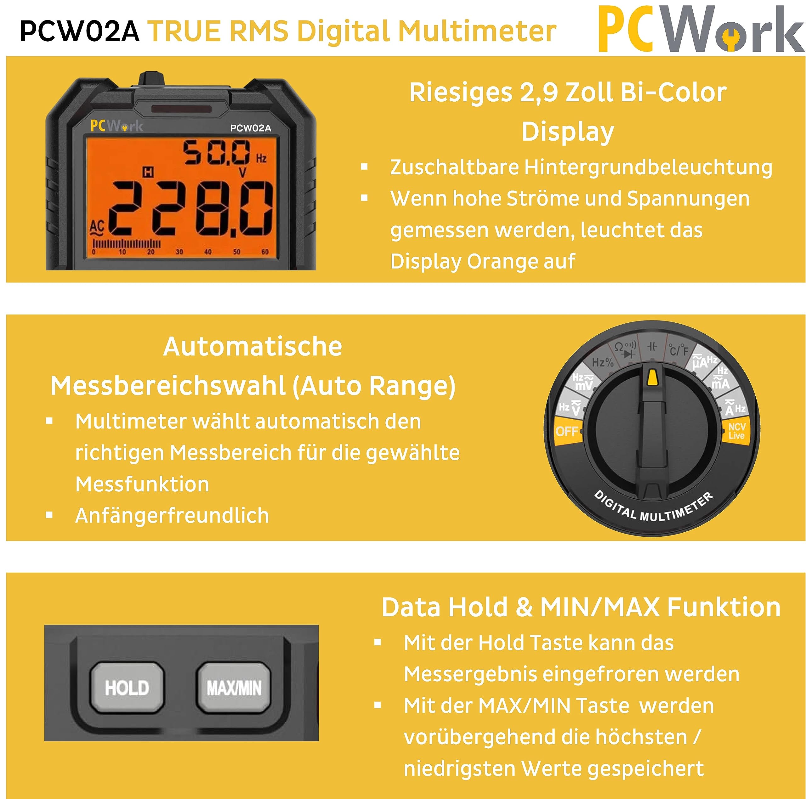 Multimetro digitale professionale PCW02A, multimetro 1000 V, TRUE RMS, grande display LCD, range auto, prese LED illuminate, misuratore di corrente, tester di continuità, misuratore di capacità