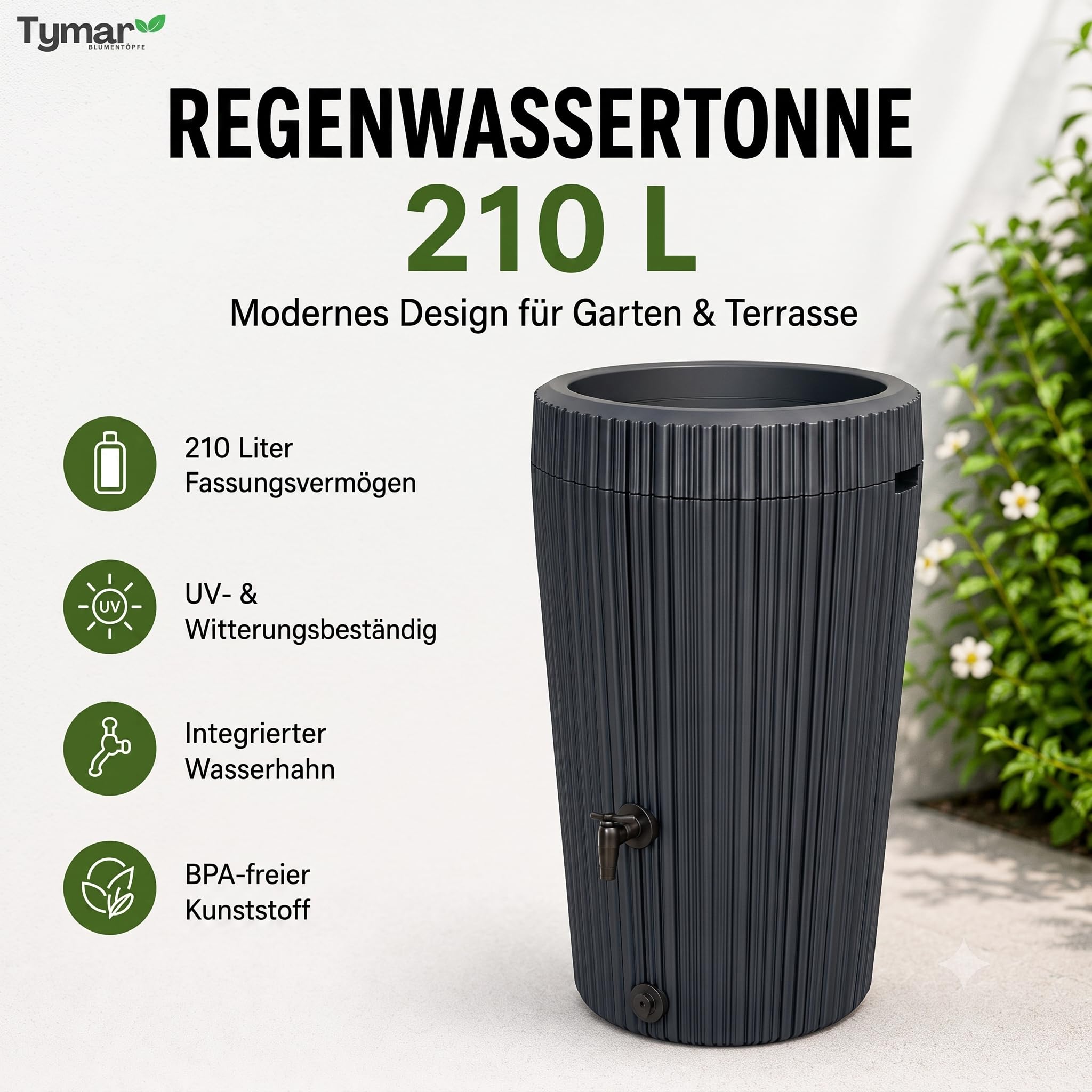 Zbiornik na deszczówkę, 210 l, pojemnik na wodę do ogrodu, zbiornik na deszczówkę