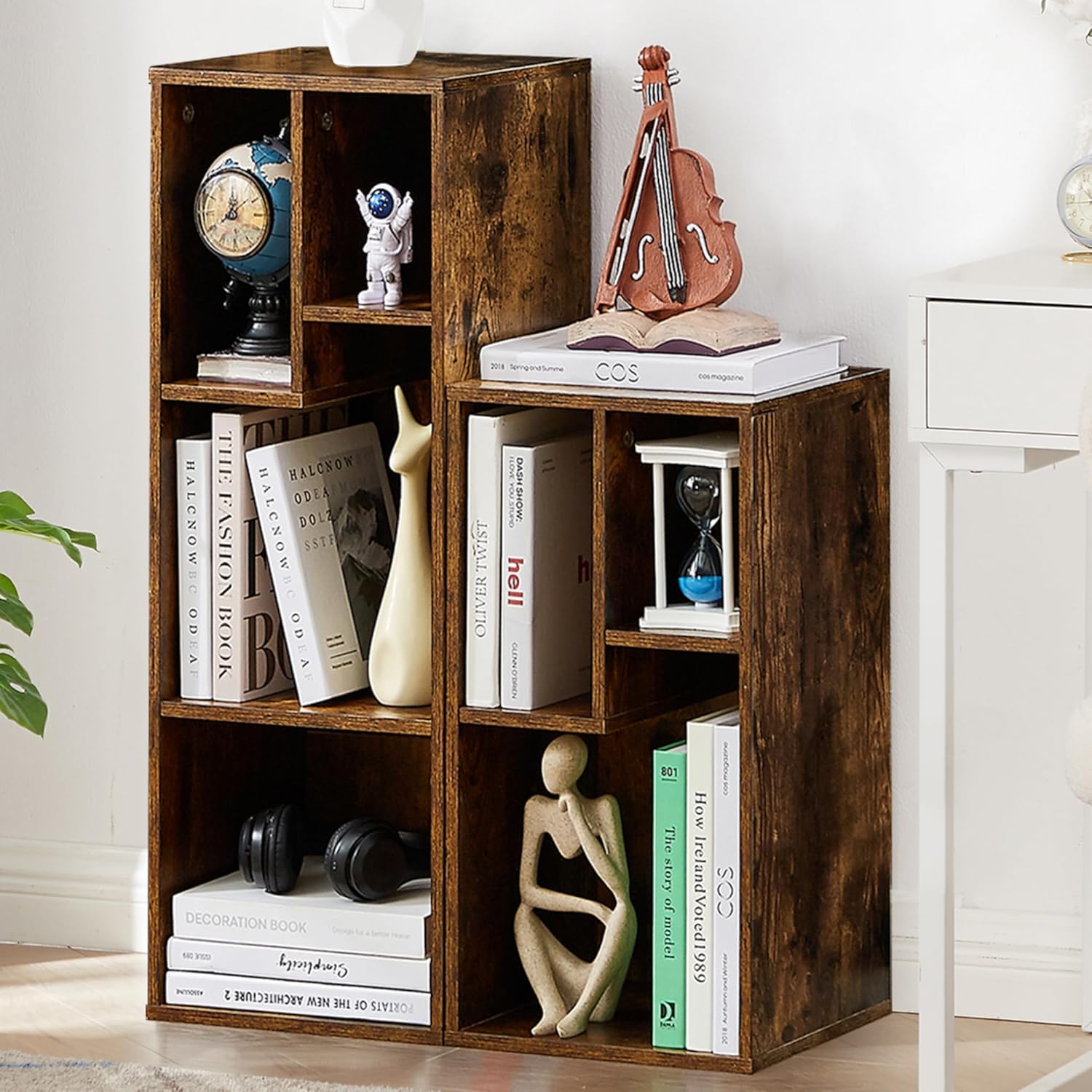 VECELO Narrow Bookshelf Set, Fits 9.3" × 10-12.8" Hardcovers, Cube Storage Bookcases, Free-Standing for Living Room, Bedroom, Home Office, 2/3-Tier, 2-Pack, Brown