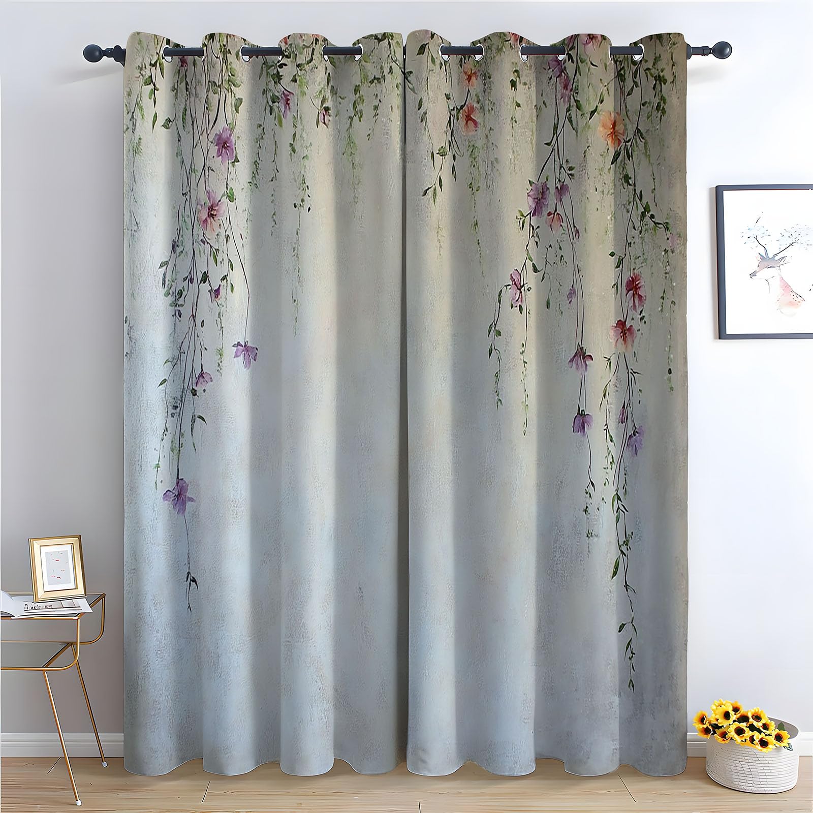 WQBQKKX 80% Blackout Curtains for Bedroom Plants Bohemian Flower Plant Print Thermal Insulated Window Drapes, Botanical Art Window Treatments-52 W x 108" L (Pack of 2)