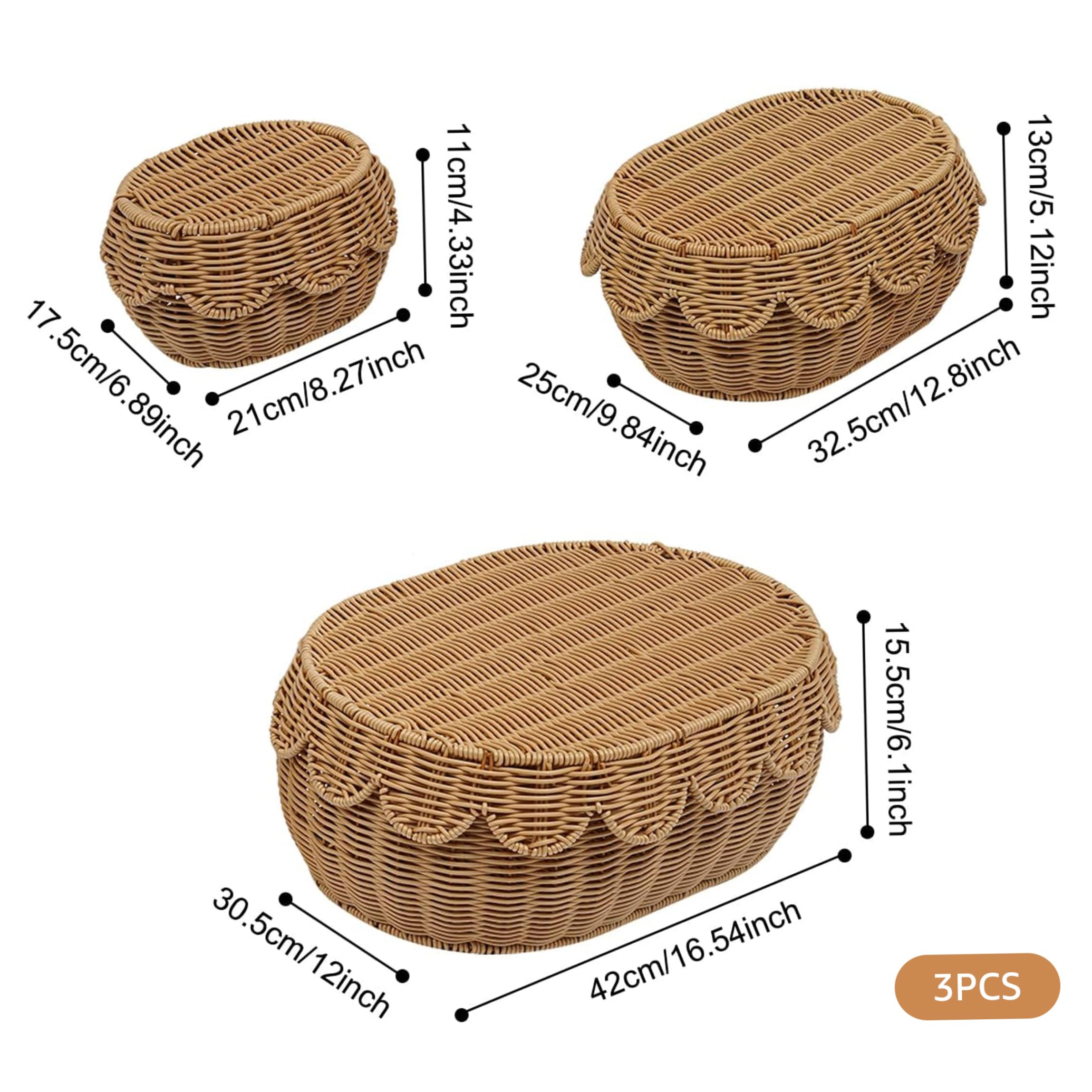 Cesta festoneada con tapa, 3 cestas de mimbre con tapa, cestas de almacenamiento naturales tejidas a mano para baño y guardería, 3 tamaños