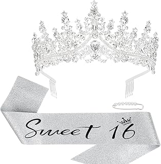 Sweet 16 Sash + 16th Birthday Crown + Pearl Pins Set, Sweet 16 Party Decorations, Sweet 16 Tiara, Sweet 16 Gifts for Girls Sweet 16 Birthday Decorations