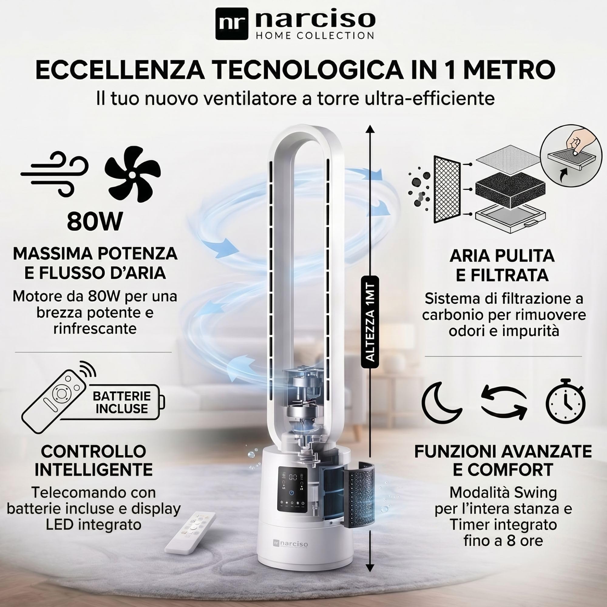 NARCISO - Ventilatore a Torre Senza Pale con Telecomando, Ventilatore Aria Fredda a Basso Consumo Energetico, Raffrescatore d'Aria Potente Portatile Facile da Spostare