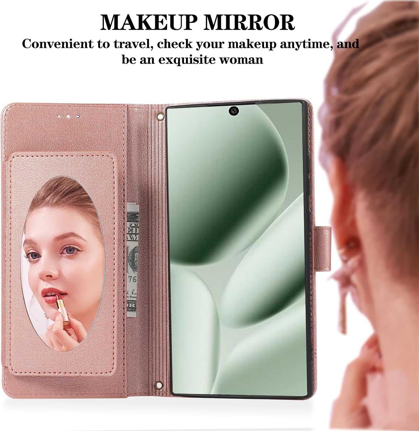 Compatible with Google Pixel 9 Pro XL/10 Pro XL Wallet Case Wrist Strap Crossbody Strap, Mirror PU Leather Flip Stand Cell Phone Cover for Pixel9 9Pro Nine Pixel10 10Pro LX Women Men Rose Gold