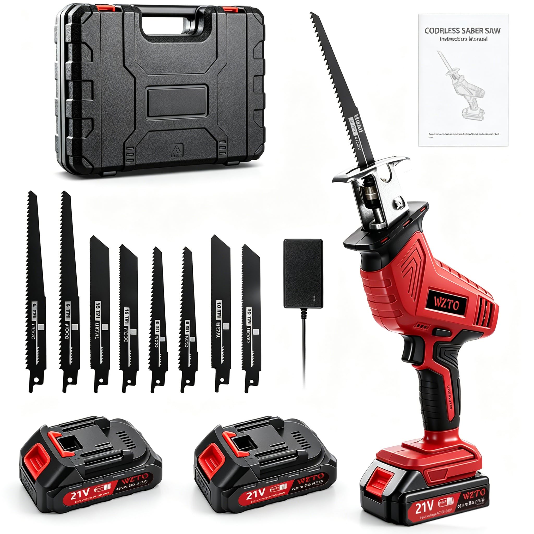 Scie Sabre Sans Fil,Scie Sabre à Vitesse Variable,21V Scie Sabre à Batterie,avec 8 Lames et 2×2.0Ah Batteries,Vitesses Réglables 0-4000SPM,de Bois,du métal et du PVC(Rouge)