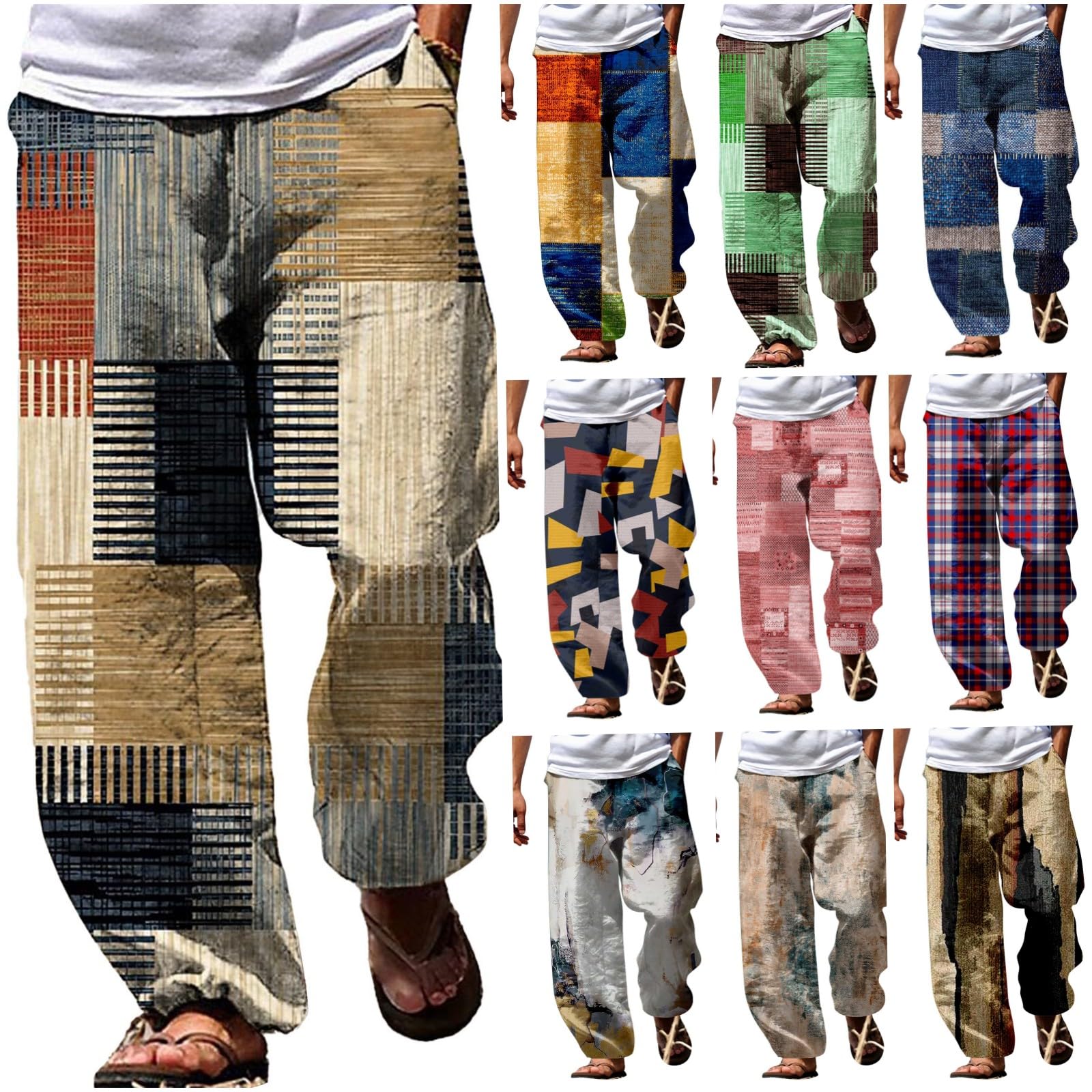 Bukknye Men's A-Khaki Linen Drawstring Pants Elastic Drawstring Waist Lightweight Summer Beach Pants Loose Baggy Yoga Trousers Wrinkle Free Beach Slacks Harem Pants