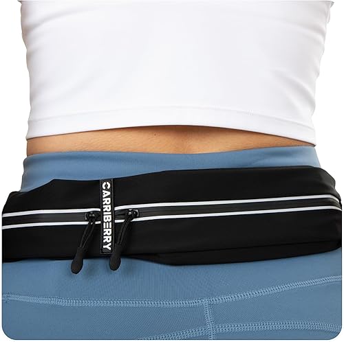 Miniatura 2 de Cinturón de correr para hombres y mujeres, sin rebote, doble bolsillo, repelente al agua, riñonera para todos los teléfonos celulares, Camo Negro,