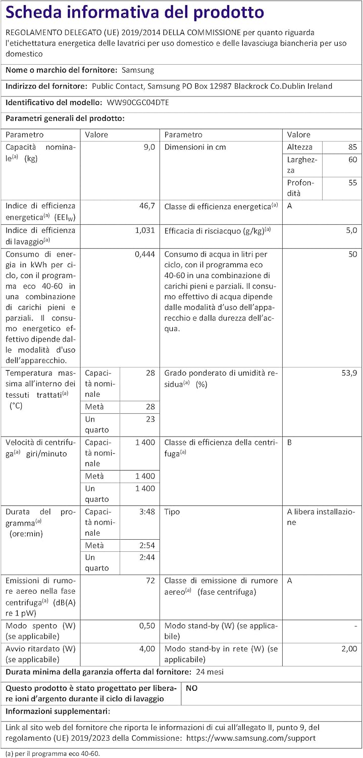 Product Information Sheet for Samsung WW90CGC04DTE, detailing energy consumption, water usage, spin speed, and noise levels according to EU regulations.
