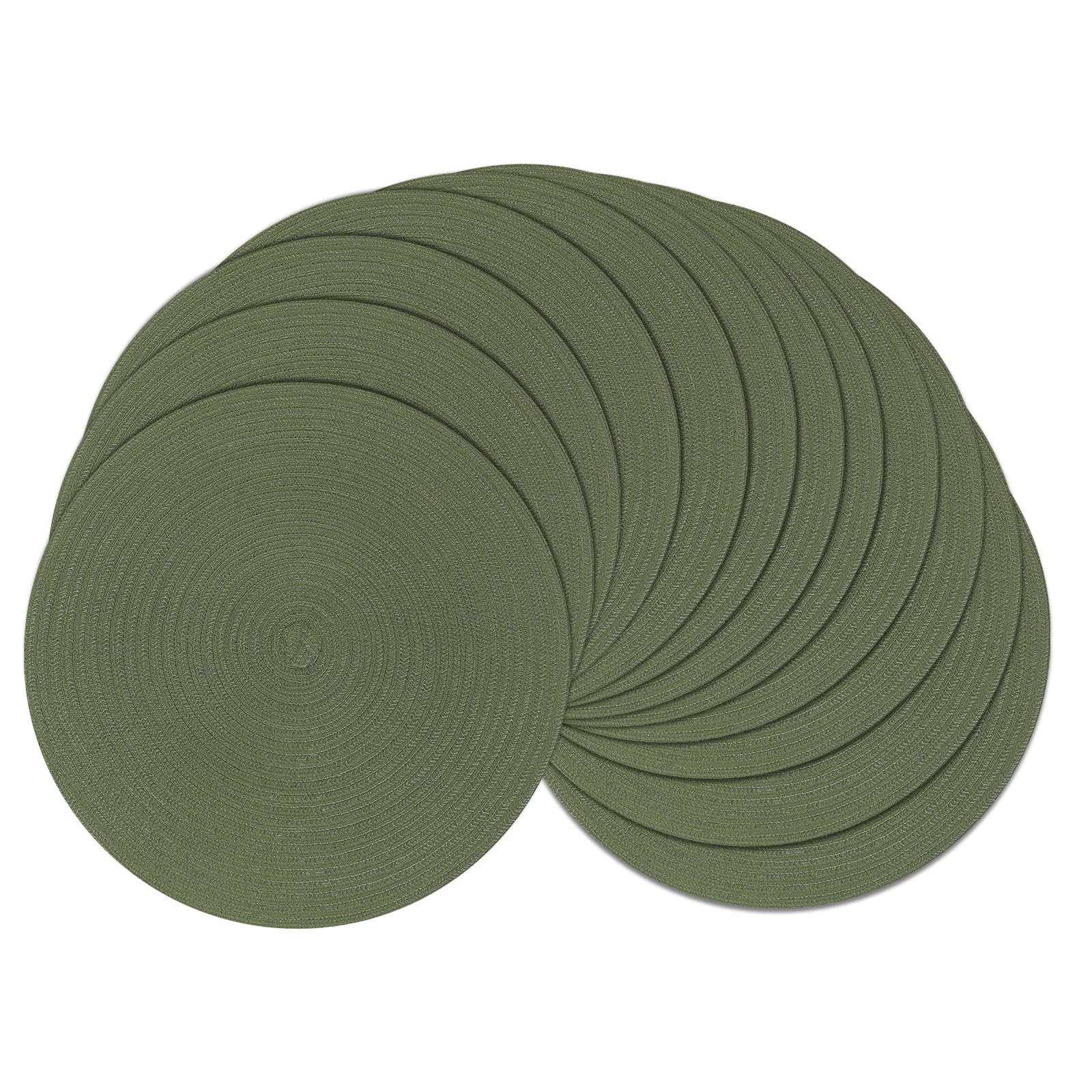 SHACOS Round Placemats Set of 12 Washable 15 inch Round Table Mats Cotton Polyester Woven Braided Place Mats for Dining Table Wedding Party Decor (Olive Green, 12)