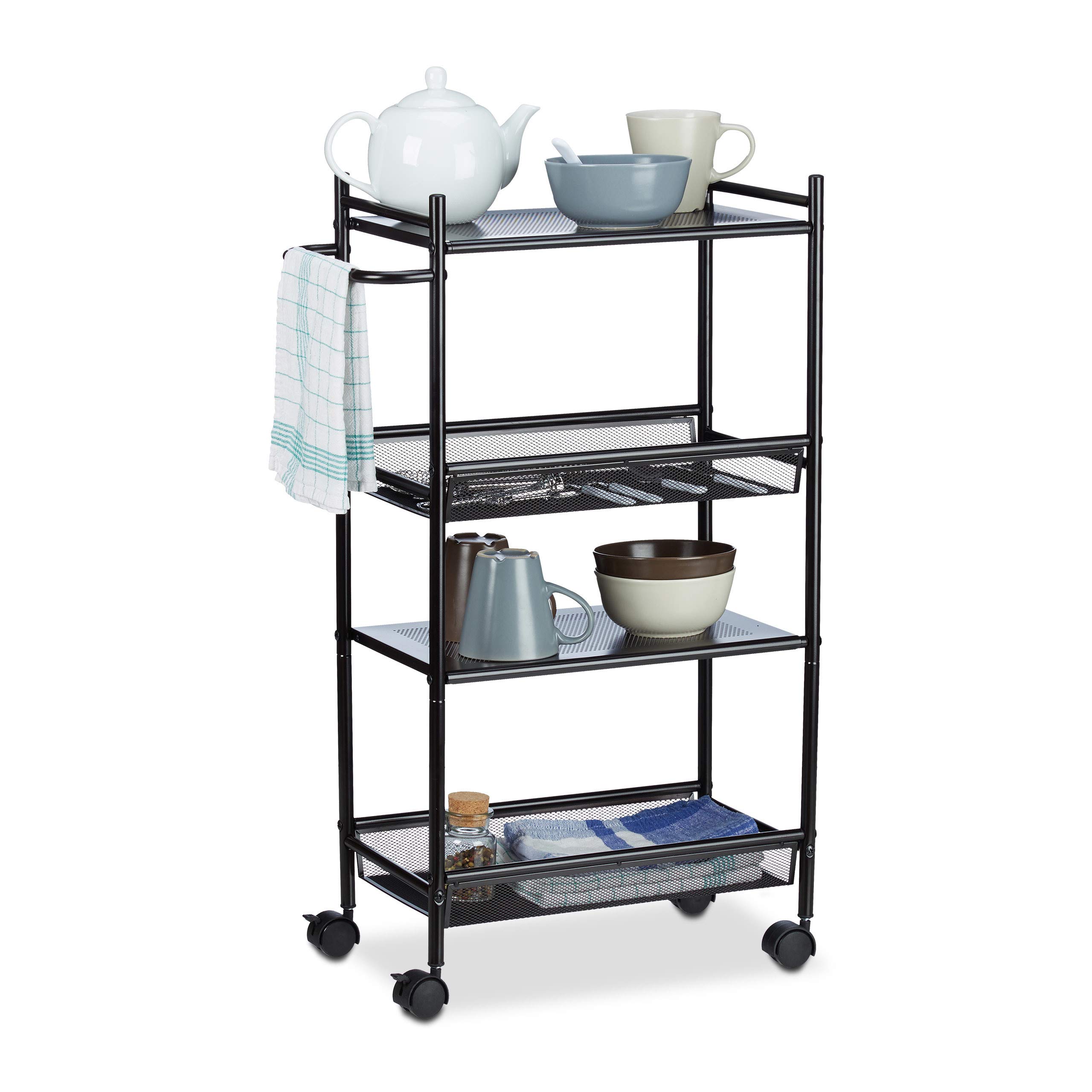 Relaxdays Carrito Auxiliar de 4 Pisos, Carro Cocina, Baño, Camarera, Almacenaje, Metal, 1 Ud., 81 x 26 x 50 cm, Negro