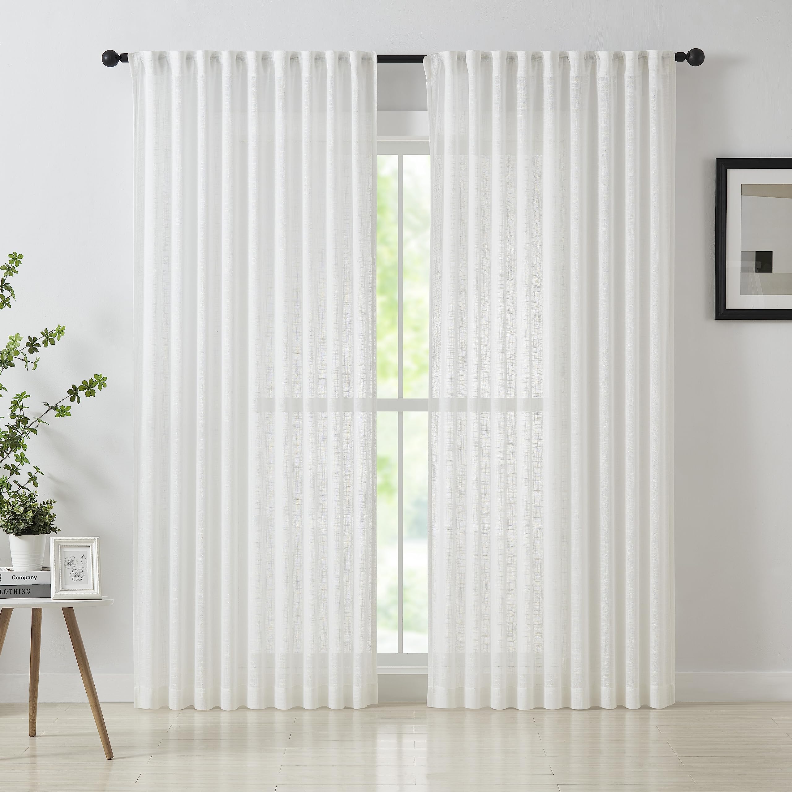 Treatmentex Linen Textured White Sheer Curtains for Living Room 72inch Long Pencil Pleat Light Filtering Semi Sheer Window Curtain Panels for Bedroom Sunroom Voile 54" w x 2 pcs