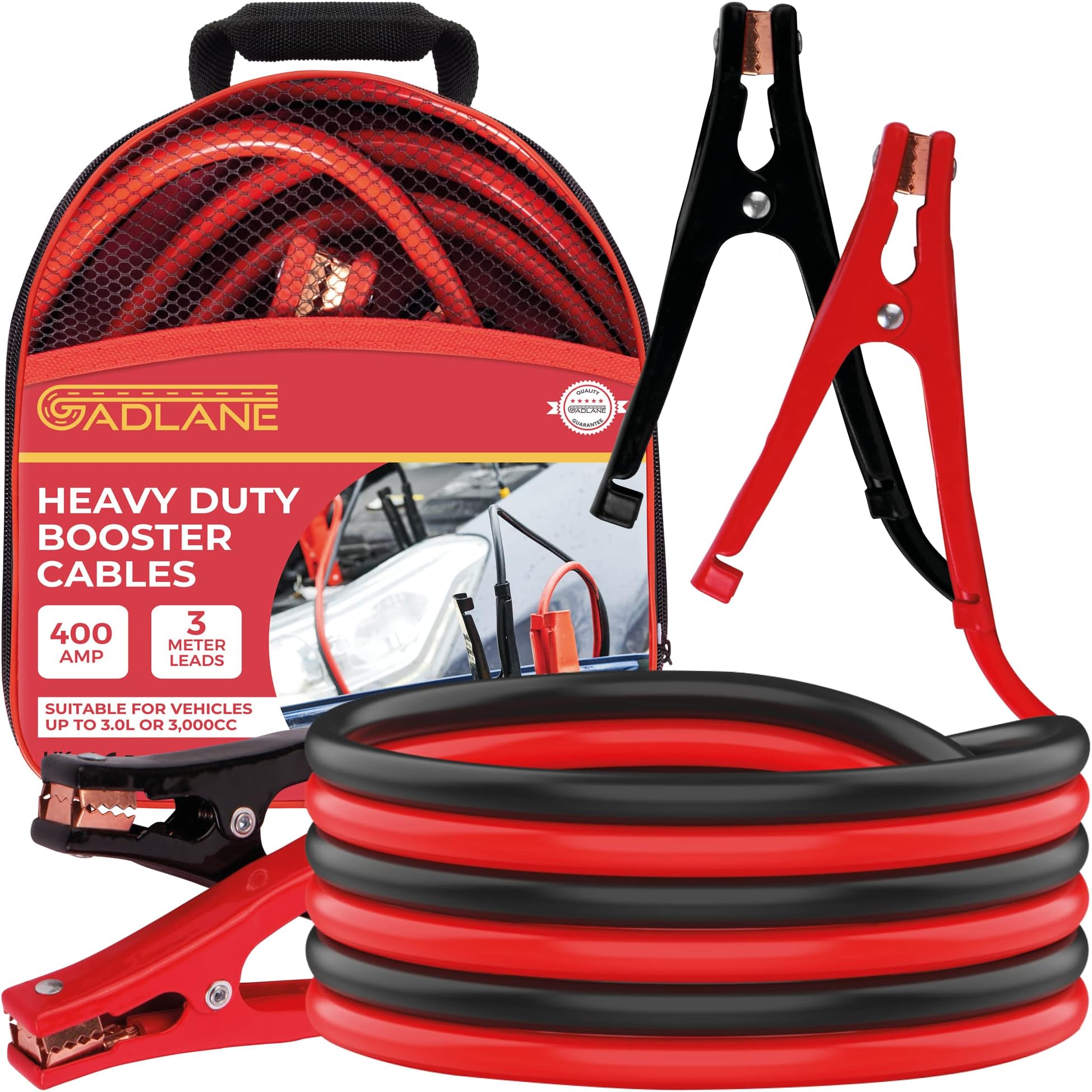 GADLANE 3 Meters Heavy Duty Jump Leads - 400 Amp Battery Booster Jumper Cables Colour Coded Clamps For Petrol Diesel Jump Start - Car Battery Jump Leads Heavy Duty for Car, Van & Truck (400A)