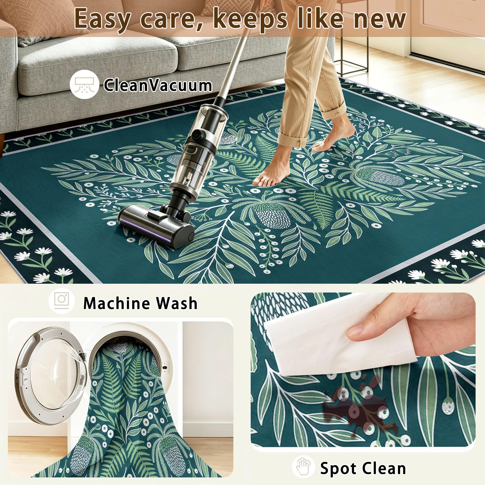 Nature Style Scandinave Tapis Salon, Fougères Feuilles Fleurs Pissenlits Imprimé Moquette Chambre Meubles Décor, Vert Foncé Résistant Aux Taches Facile À Nettoyer Support en Caou Tapis, 100 x 150 cm