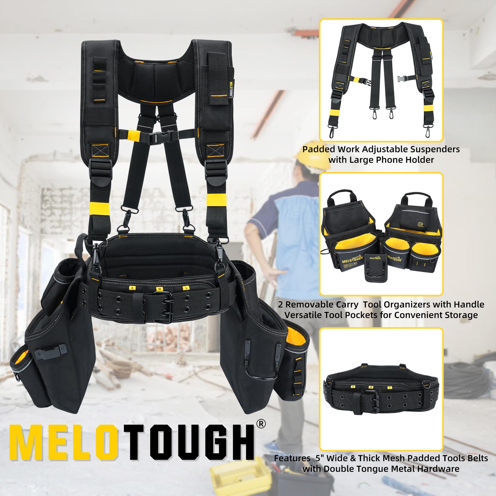 MELOTOUGH Ceinture à outils de charpentier avec bretelles, ceinture à outils professionnelle avec pochette à outils, bretelles avec 32 poches et boucles, convient pour tour de taille de 83,8 à 119,4