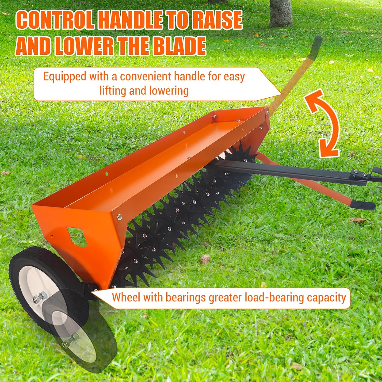 Tow Behind Aerator, 40" Tow Behind Spik Aerator with Transport Wheels, Steel Teeth, Tray, Pull Behind Aerator with Adjustable Handle for Farm, Lawn, Garden, Orange