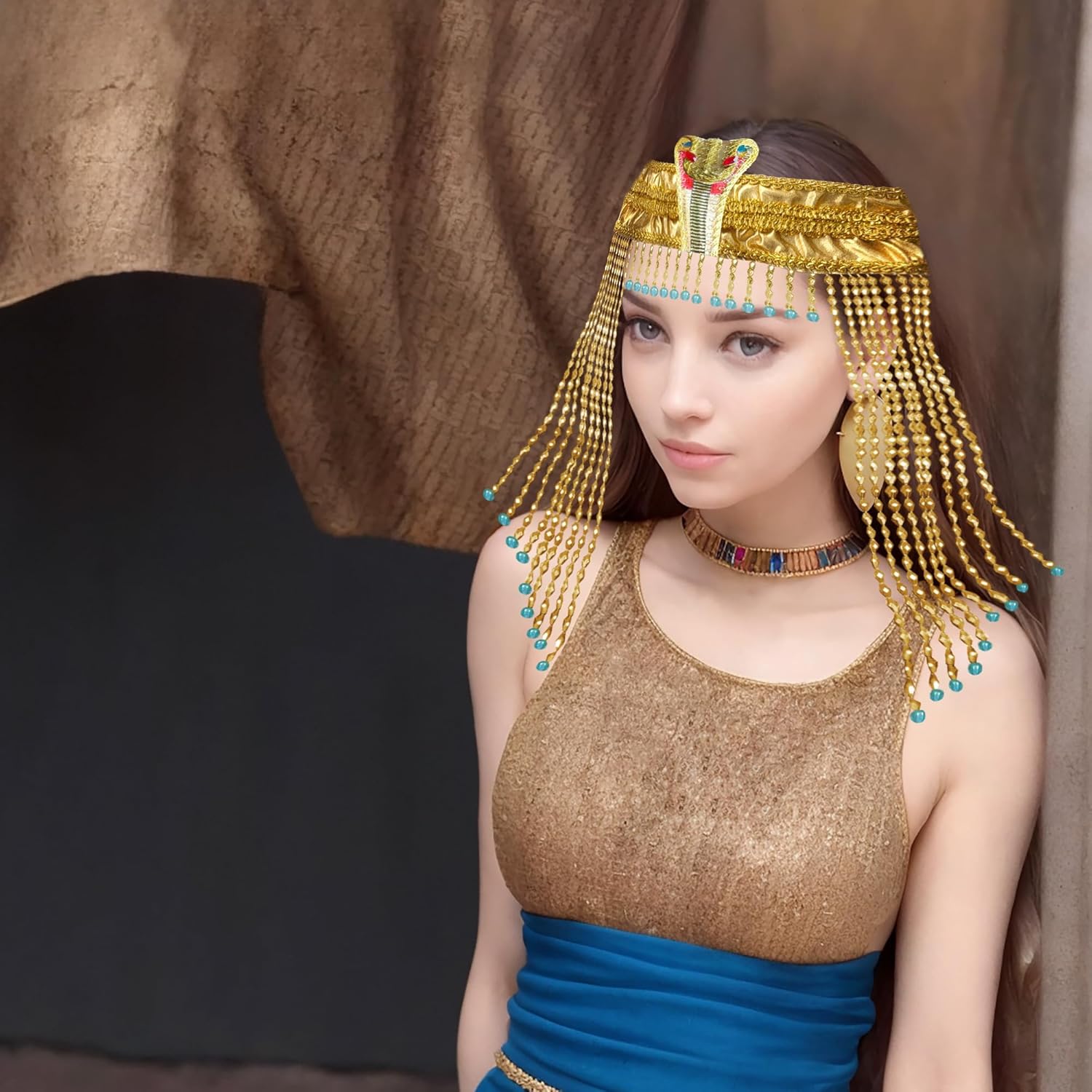 HPMAISON Women's Egyptian Headpiece Egyptian Costume for Women Accessories Beaded Headdress Cleopatra Hat Cleopatra's Headdress Cosplay Jewelry Carnival Party Crown Gold Color - Image 6