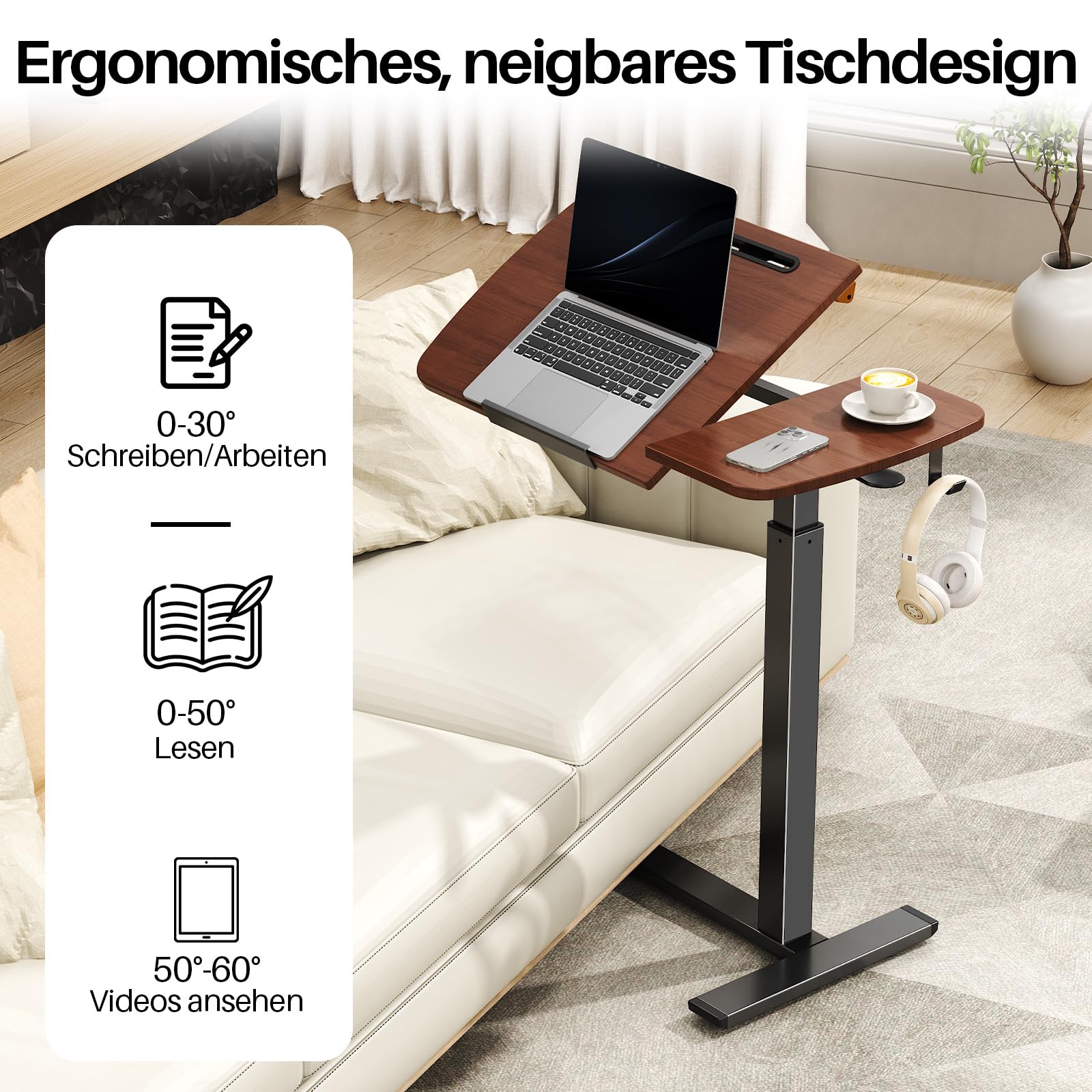 Klappbarer Computertisch mit Rollen, höhenverstellbar, bis 39.9 kg, Braun