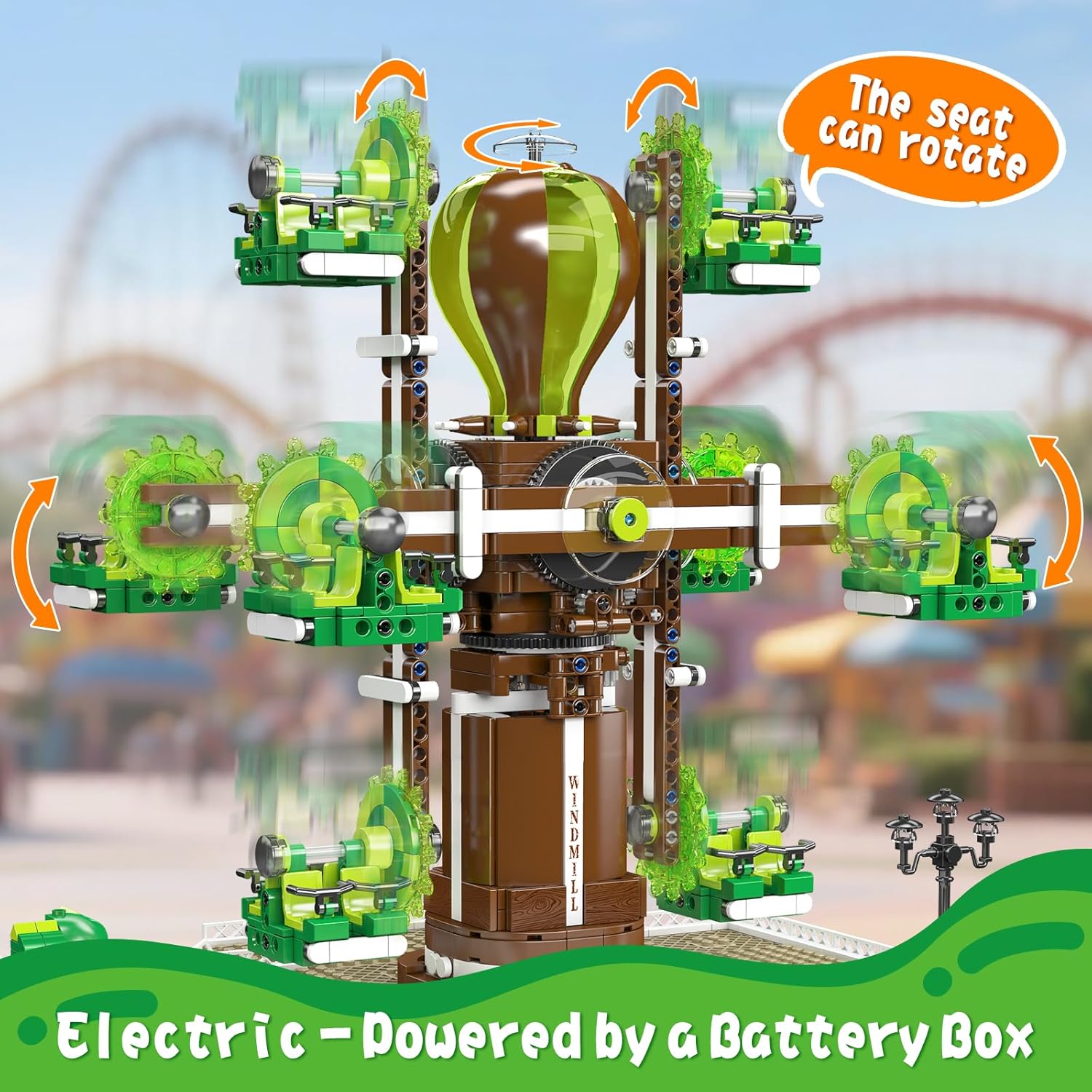 Mould King Nature Tree Windmill showing electric-powered rotating seats