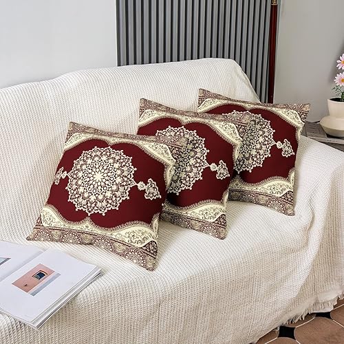Miniatura 4 de Juego de 2 fundas de almohada retro florales de 24 x 24 pulgadas, fundas de almohada tribales exóticas, estilo bohemio, borgoña, retro, rojo y