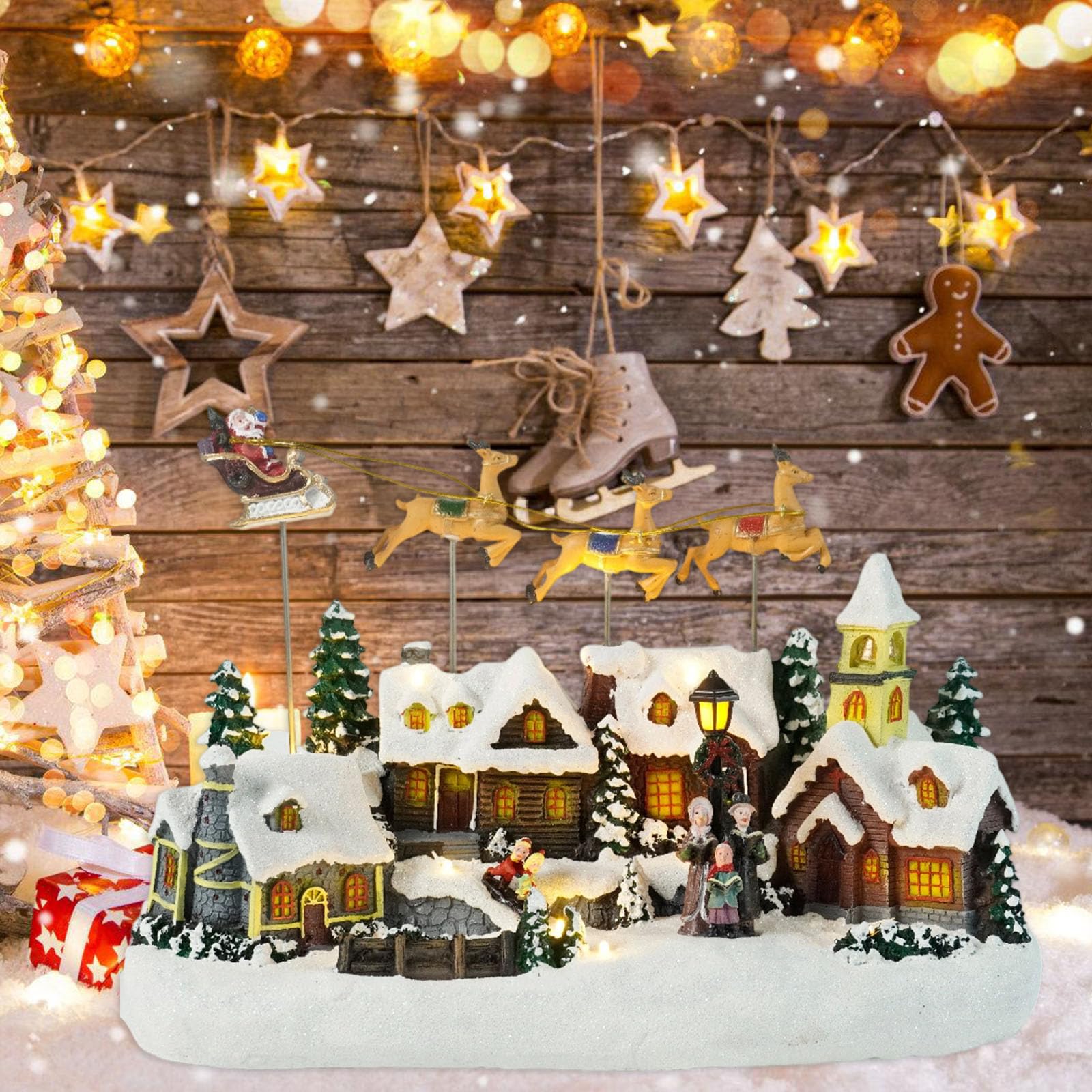 Decorazione natalizia da tavolo in resina con renna volante illuminata a LED musicale per feste