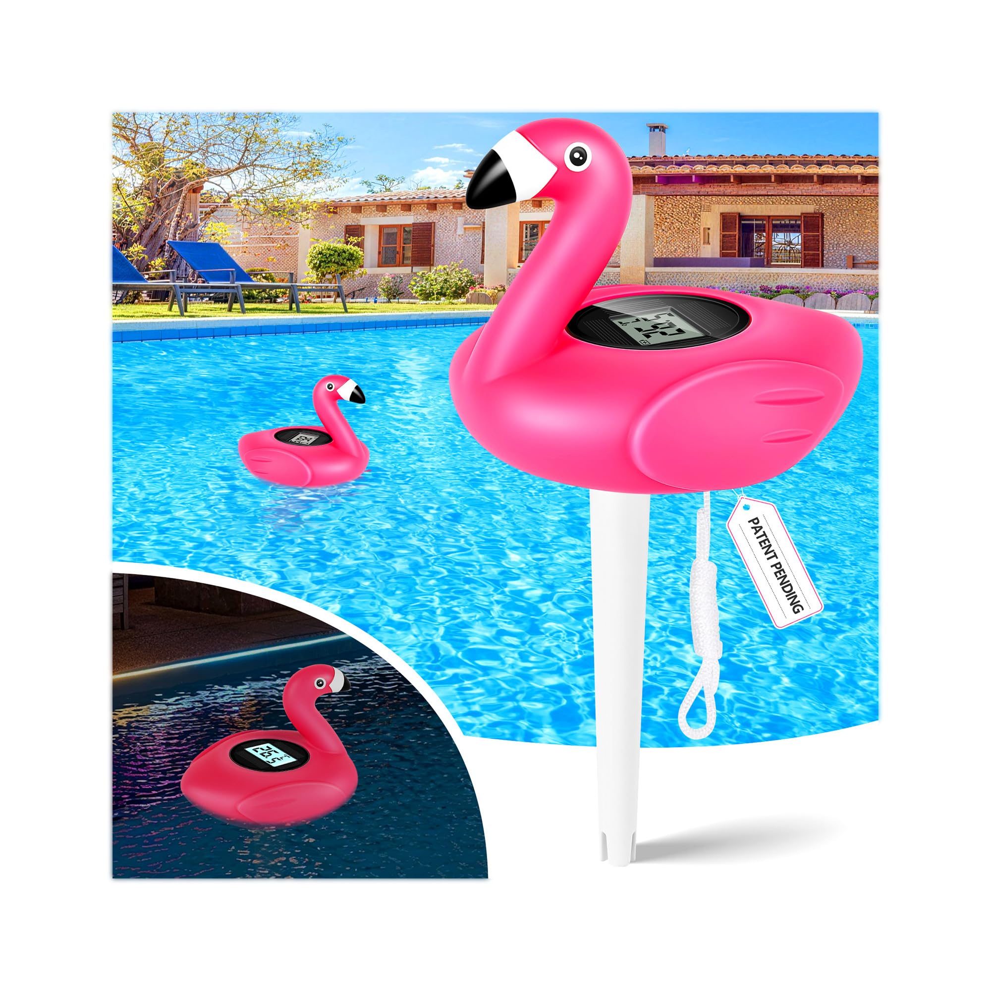 LanBlu Termómetro Piscina Flotante, Flamingo Termómetros Piscinas Digital, Termómetro de Piscina Solar con Luz de Fondo para Fácil de Leer por la Noche, Termómetros Digital para Piscinas Estanque SPA