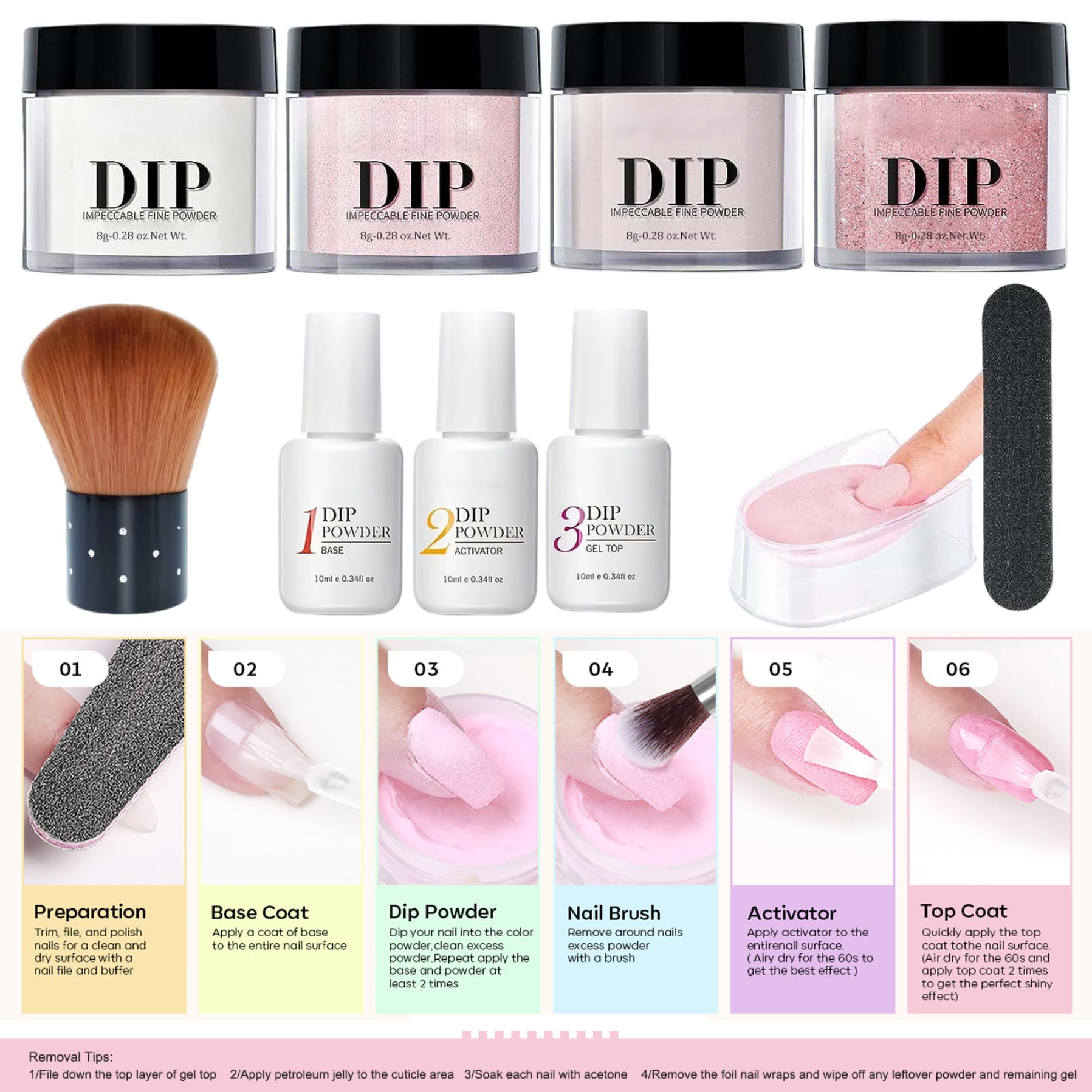 Kit per immersione in polvere per unghie, 10 pezzi/set Kit per immersione in polvere per unghie Set di liquidi a 4 colori con base e attivatore di top coat per salone di manicure per Fren