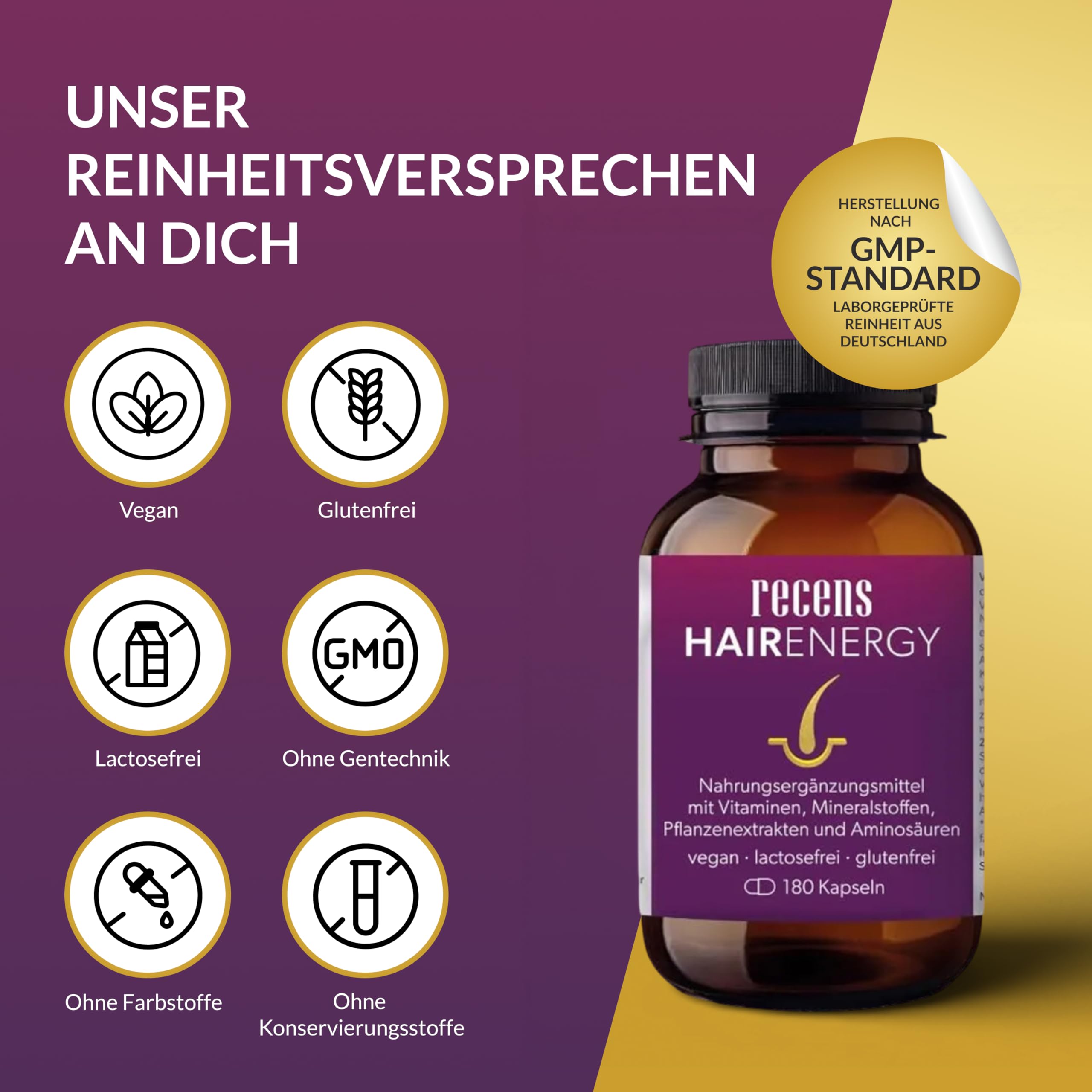 recens Hair Energy – Premium Haar-Vitamine mit Biotin, Zink, Selen, Aminosäuren & Pflanzenextrakten – Für die Erhaltung normaler Haare – vom Apotheker entwickelt – 180 Kapseln (3 Monate)