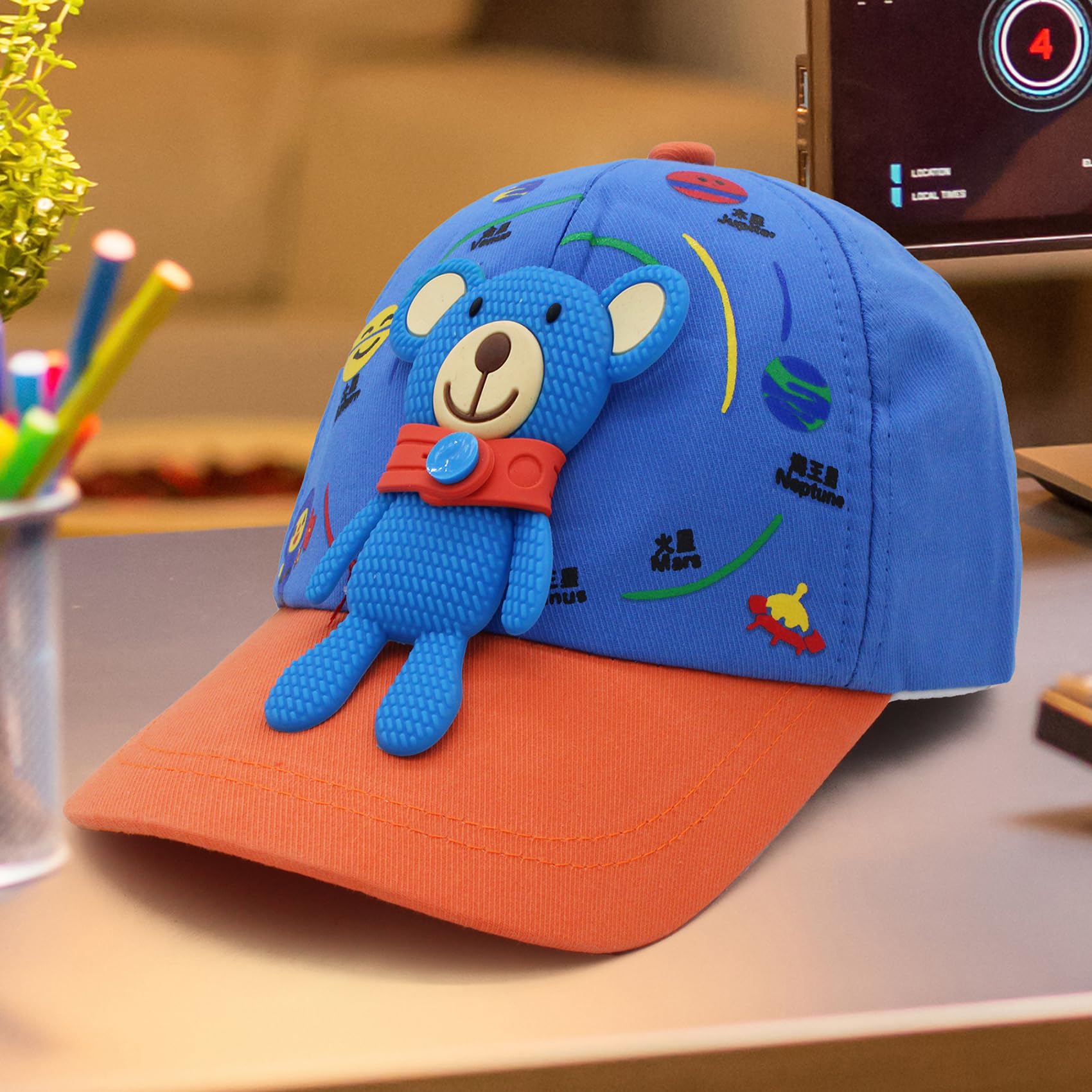 VRITRAZ Kids Polyester Teddy Cartoon Character Printed Little Cap 4-12 Years (Color-Blue) 1