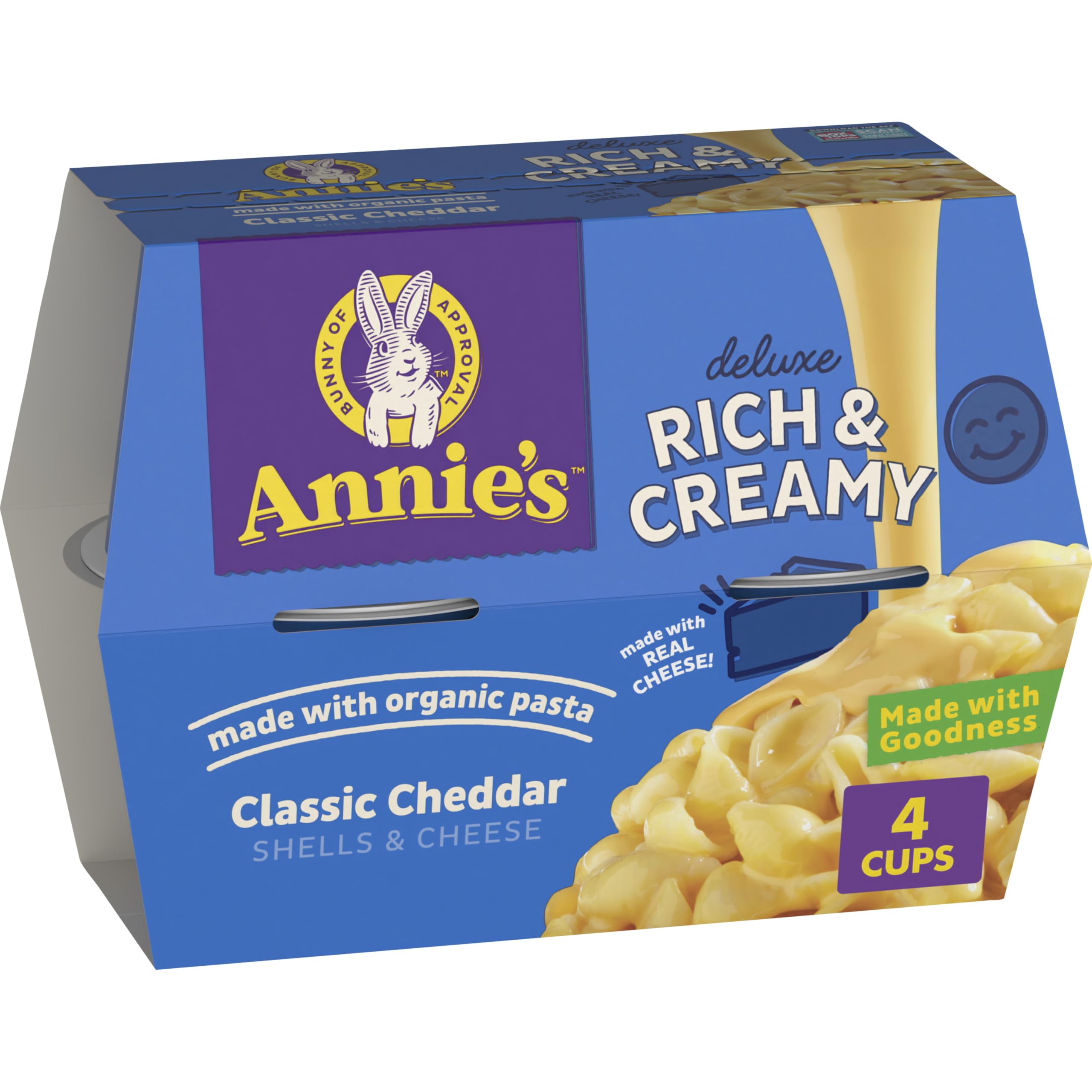 Annie's Classic Cheddar Deluxe Rich and Creamy Microwave Mac & Cheese with Organic Pasta, 4 Ct, 2.6 OZ Cups