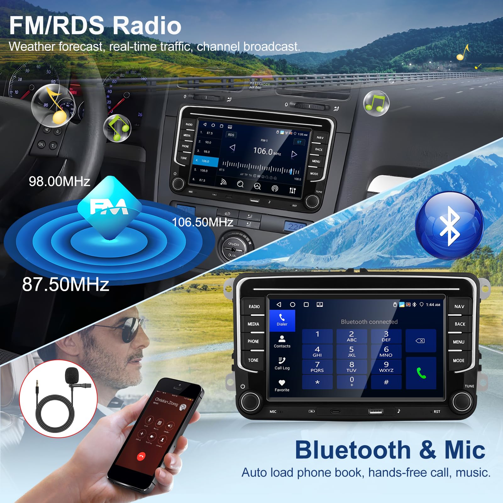 Autoradio Apple CarPlay 4G+64G per VW/Seat/Skoda/Passat/Golf/Polo, CarPlay Wireless e Android Auto, Touch Screen HD da 7", 2 DIN, Bluetooth, GPS/SWC/FM/RDS/USB, Telecamera per la retromarcia AHD, Mic