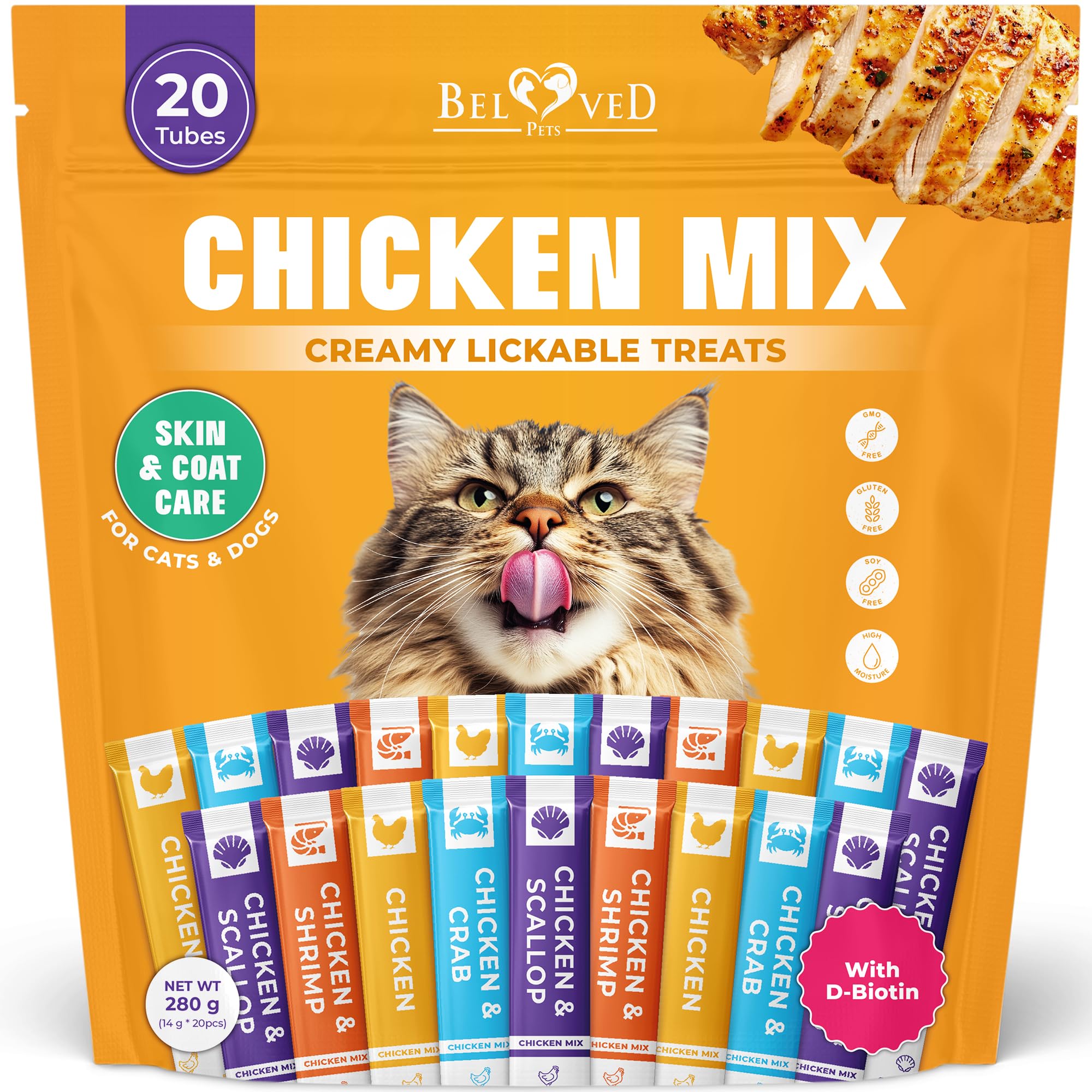 Creamy Lickable Cat Treats & Wet Food Squeeze Tubes โ Liquid Kitten Snacks, Skin & Coat Health, Multivitamin Treats for Cats, & Small Dogs, Lick Up 20 Chicken Mix