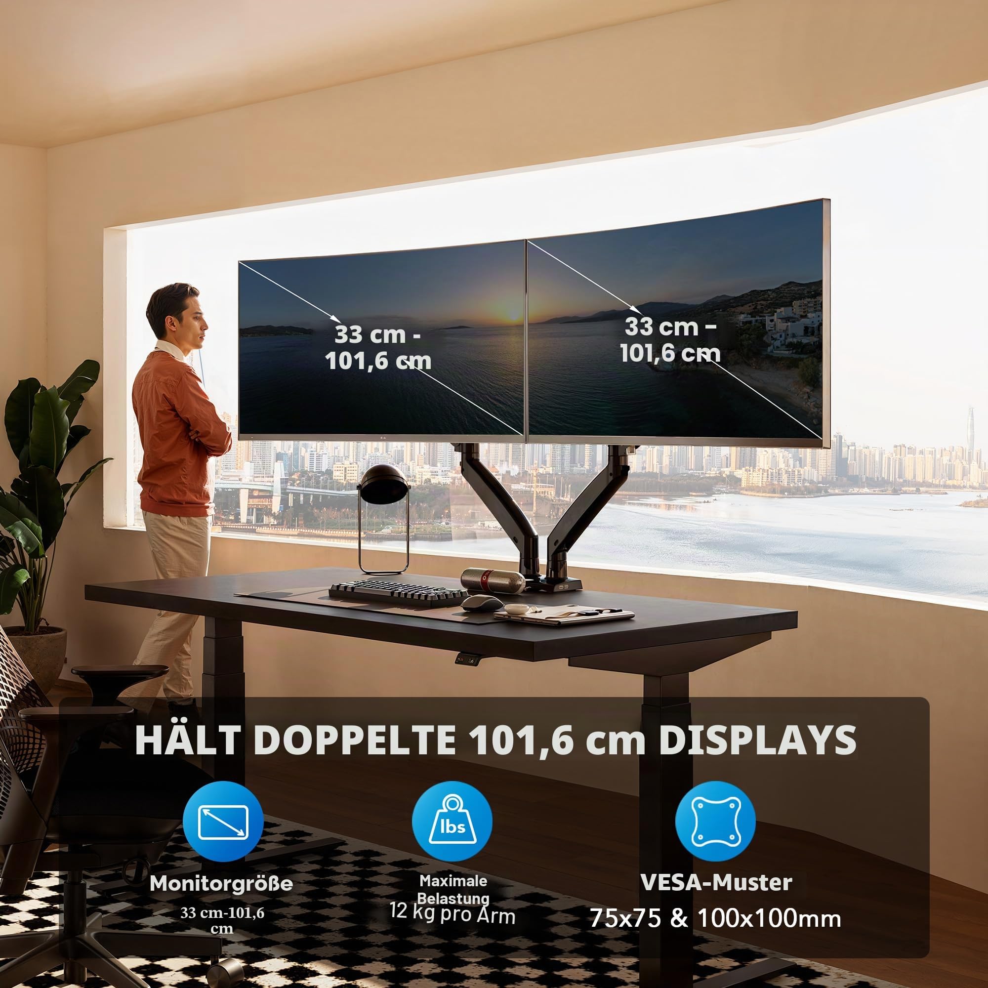 HUANUO Gaming Monitor Halterung 2 Monitore, Stabile Bildschirm Halterung für 13″–40″, Höhenverstellbar & Ergonomisch, mit USB, VESA & C-Klemme/Öse, bis 12 kg pro Arm