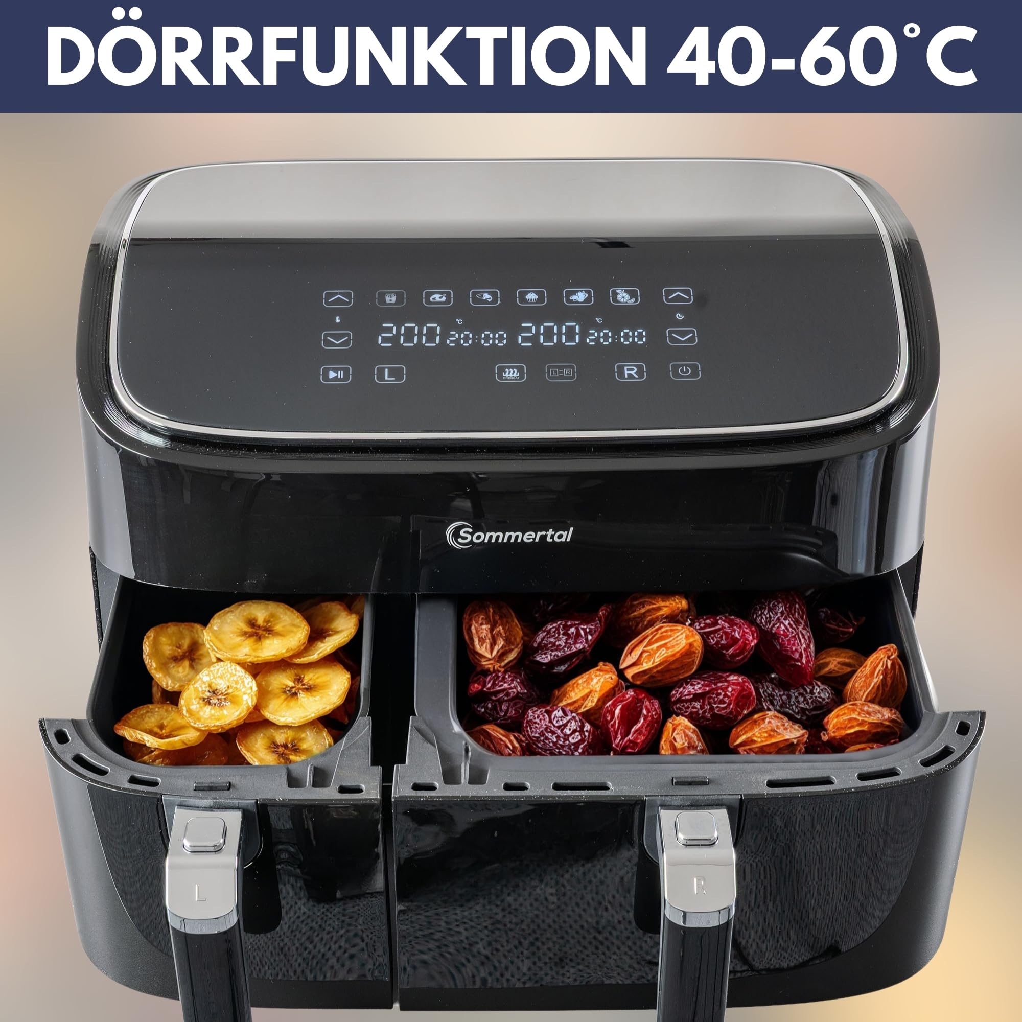Sommertal HF DUAL 900, Heißluftfritteuse Doppelkammer 9 Liter, Airfryer mit 2 Körben, 2850 Watt, mit Dörrfunktion, Synchronisation, Touch-Display, 6 Programme, spülmaschinenfest, BPA-frei