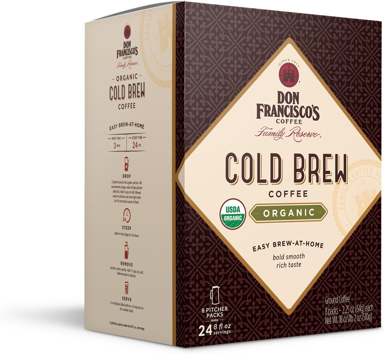 Don Francisco?s Organic Cold Brew Coffee, Premium 100% Arabica Beans, 8 Pitcher Packs (makes 4 pitchers)