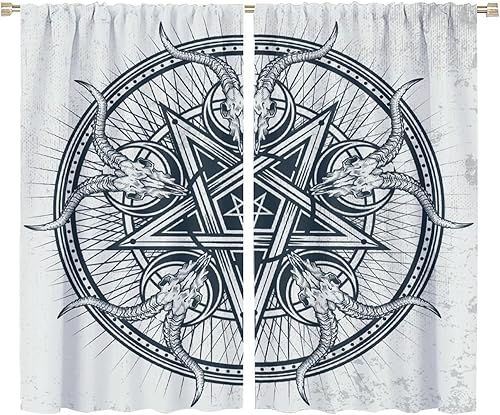 Vista 283 de Cortinas de cabeza de cabra, misteriosa cabeza de cabra malvada, calavera negra, bolsillo para barra, cortinas opacas para ventana, juego de 2