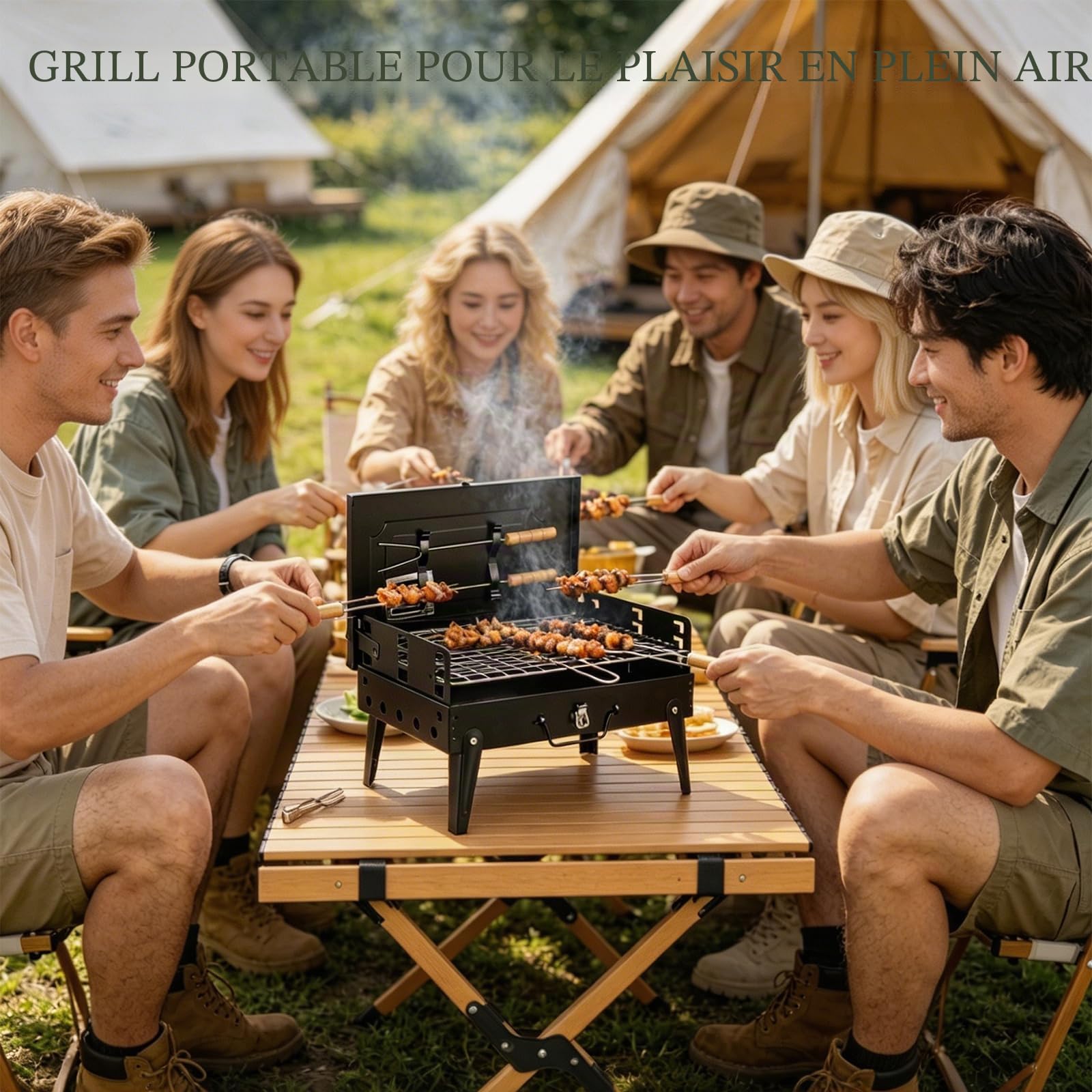 Barbecue Charbon de Bois Pliable Portable avec 3 Niveaux Réglables, BBQ Compact pour Jardin et Camping