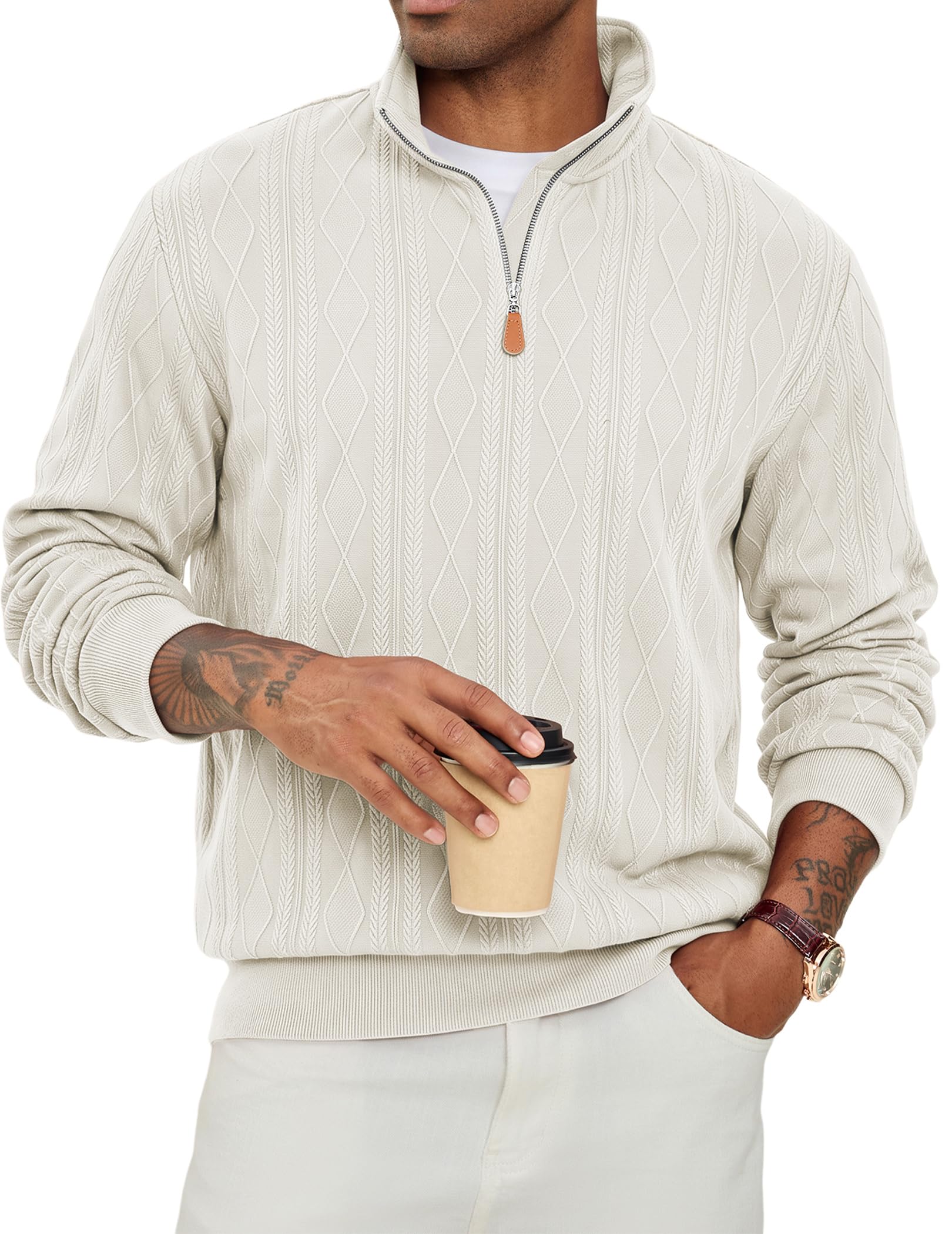 JMIERR Herren Pullove Strick Half Zip Stehkragen Zopfmuster | Texture,Tehkragen grobe, Sweatshirt Freizeit-Strickpullover,Regular Fit,Herbst und Winter