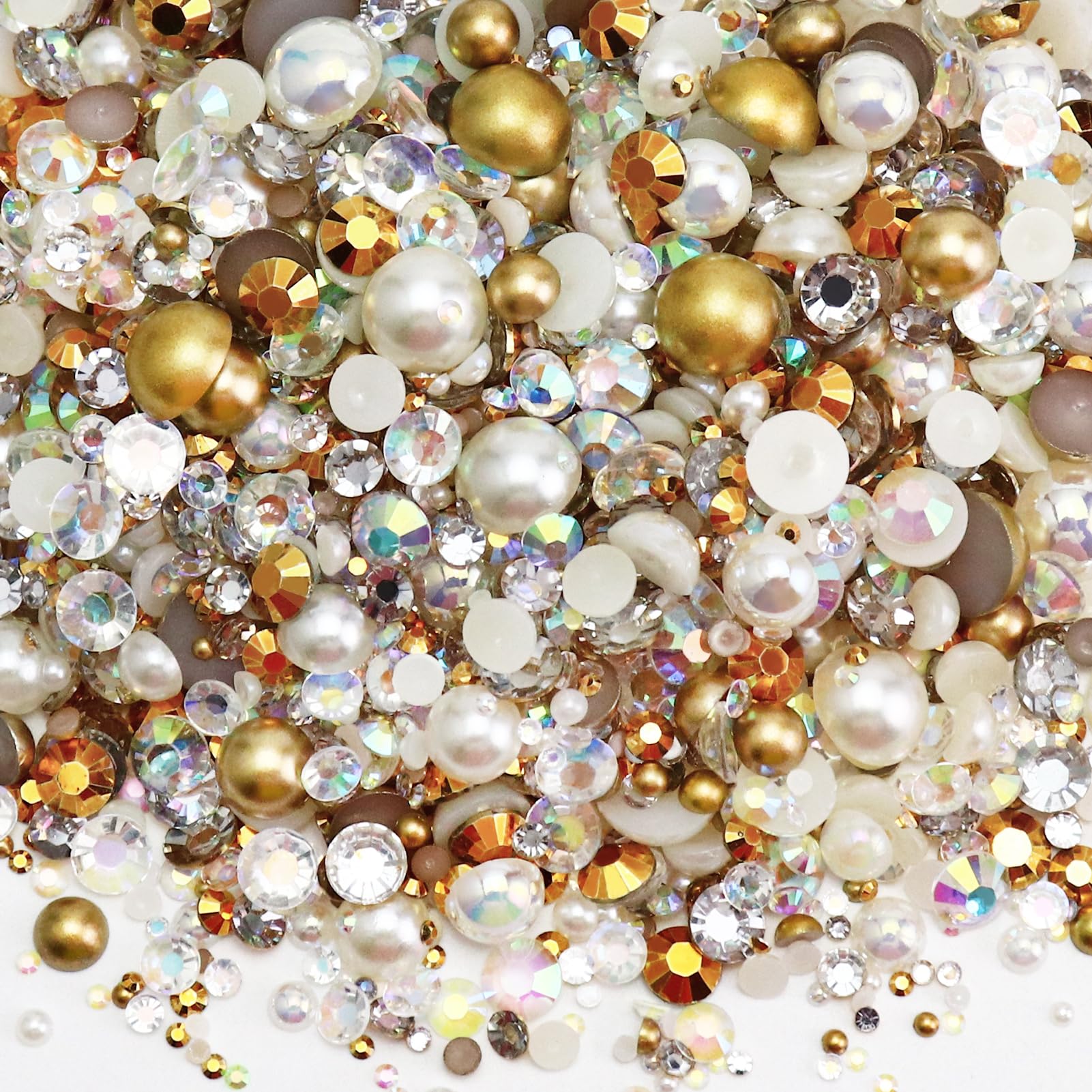 60g Mix Flatback Pearls and Rhinestones for Crafts, 2-10mm Pearl Rhinestones for Nails Face Art Tumblers, Champagne Gold Blend with Tweezers Wax Pen