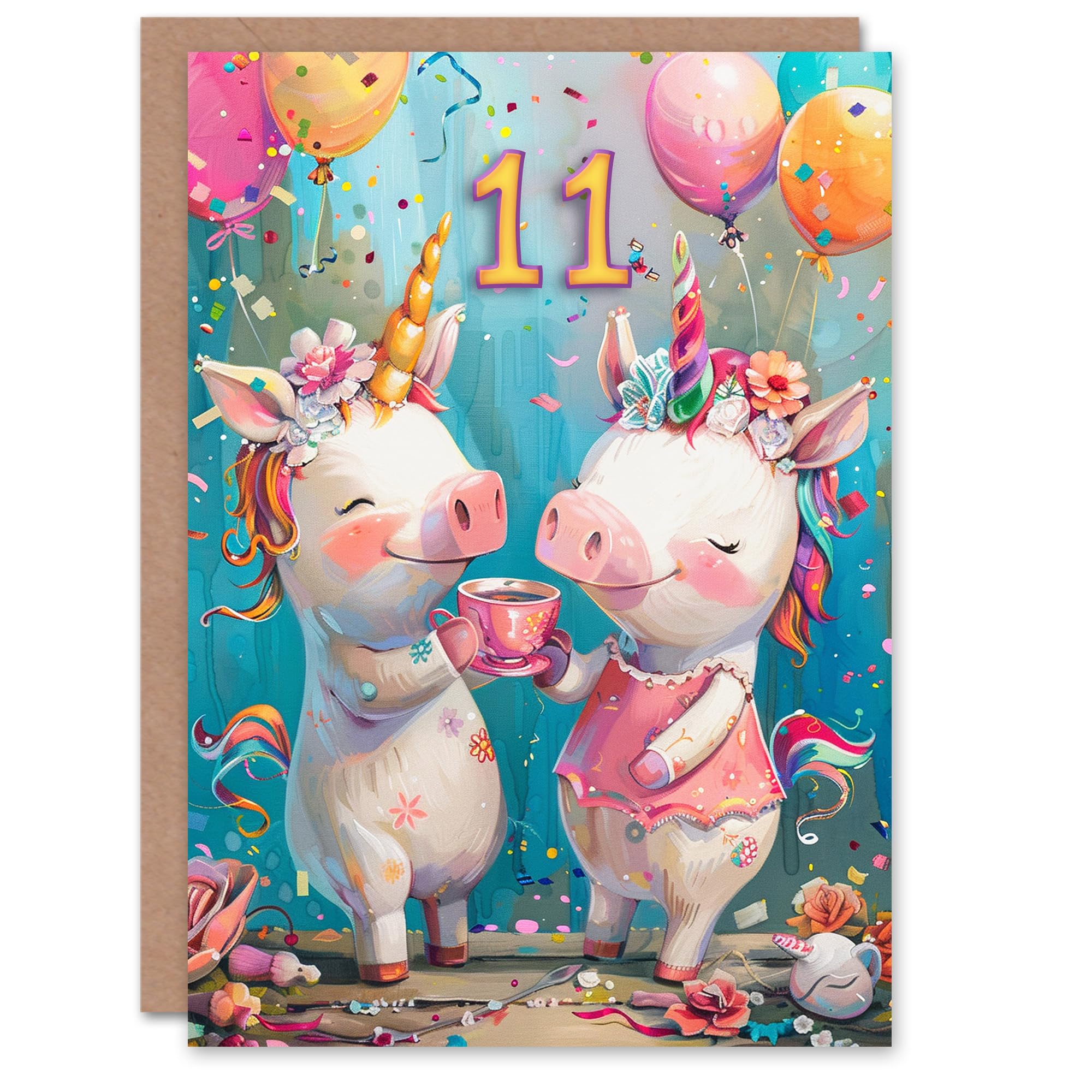 Artery8 Birthday Card Cute Pig Unicorn Piglet Party Balloons 11th 11 Year Old For Child Kids Son Daughter Greeting Card