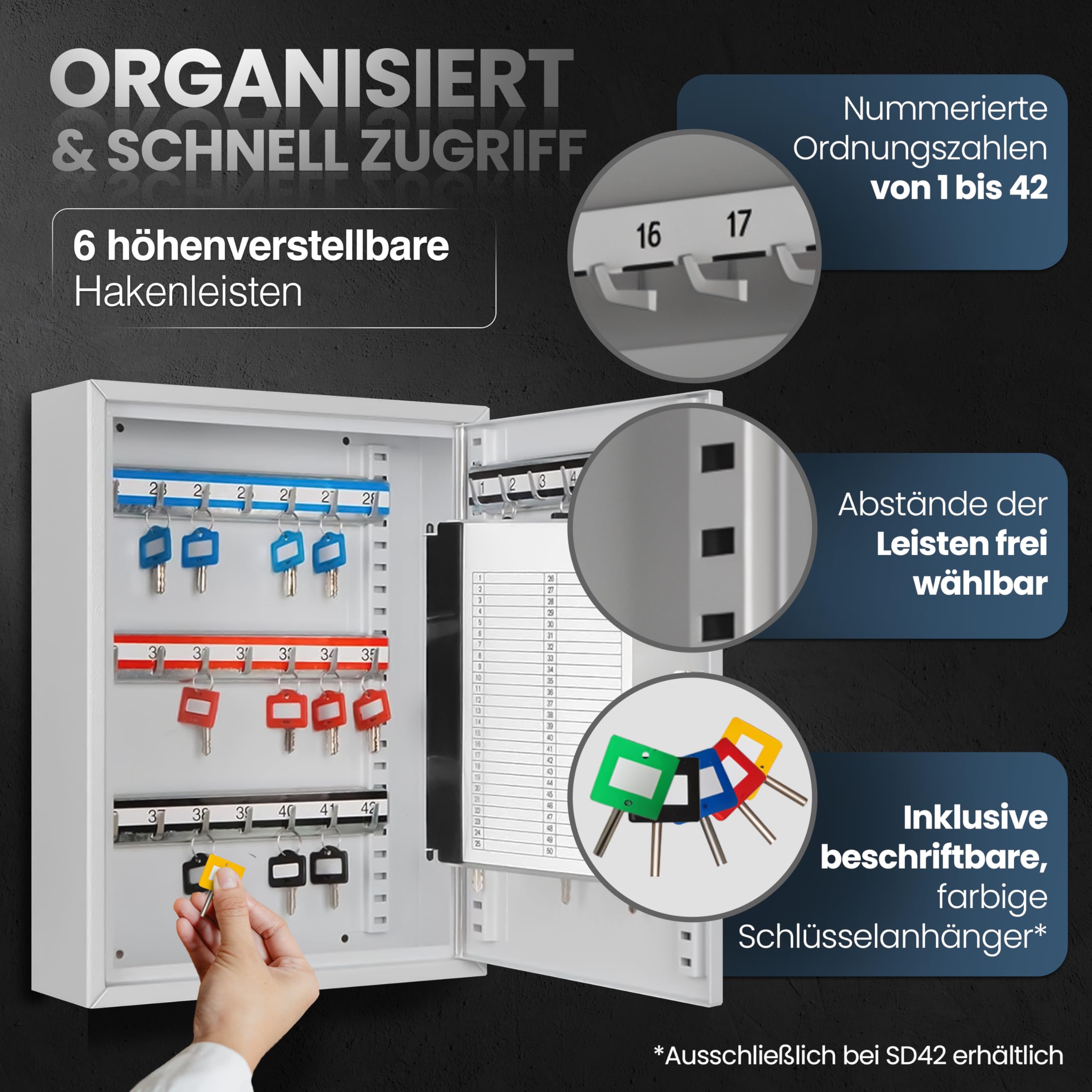 Schlüsselkasten SD42 – Schlüsselschrank mit 42 Haken, robuste Schlüsselbox aus Stahl, abschließbarer Safe, magnetische Außenseite, höhenverstellbare Leisten, Wandmontage (35x27x8cm)