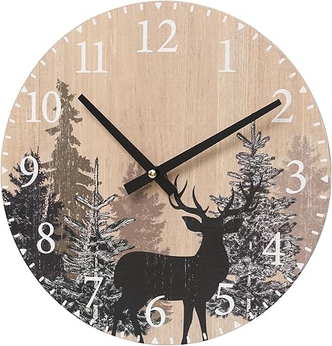 Miniatura 3 de Reloj de pared con ciervo de cabaña, 12 pulgadas, silencioso, sin tictac, bosque de madera, vida silvestre, montaña, cabaña, reloj de pared con pilas
