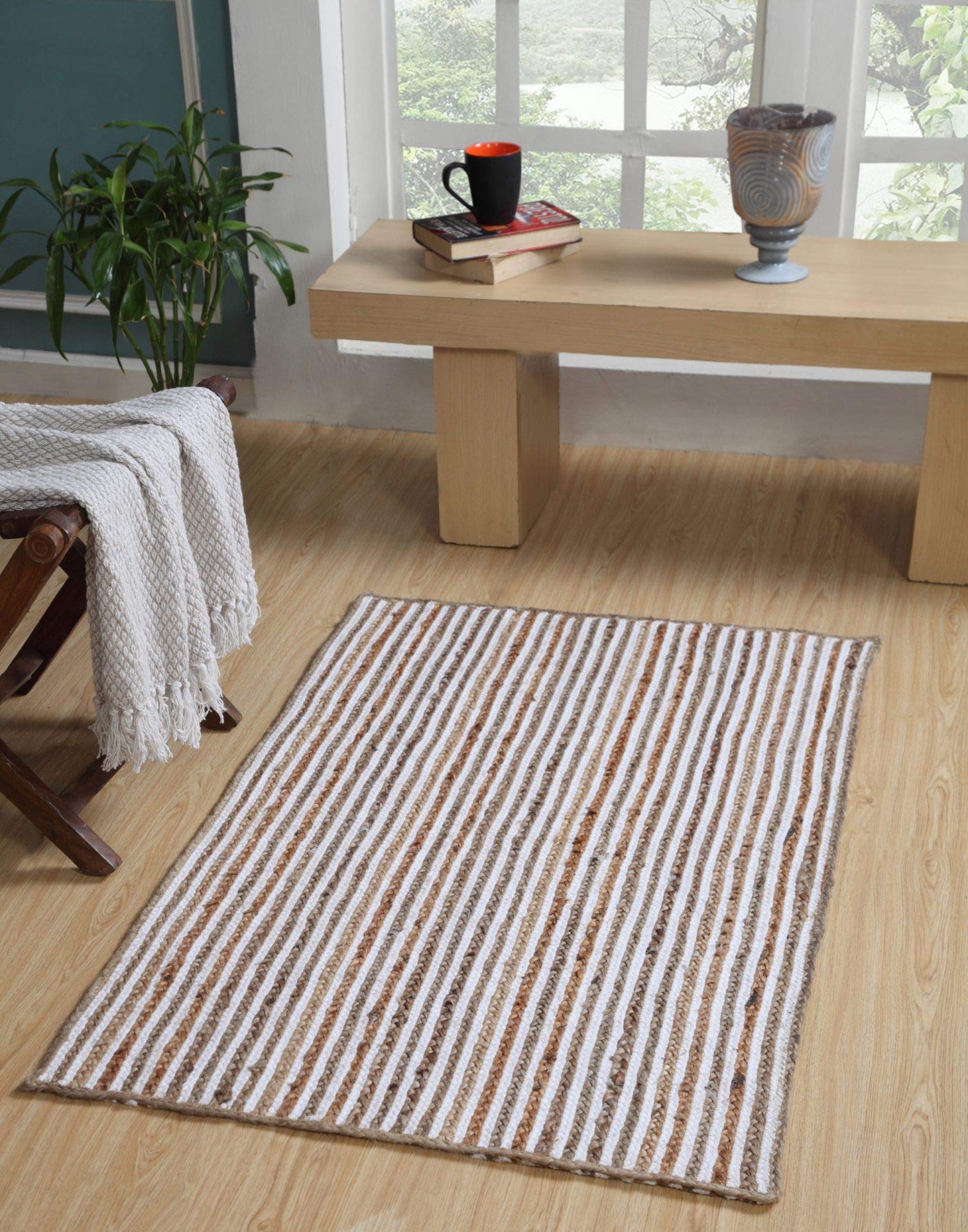Second Nature Online CHAKKAR PALE Small Stripe Braided Jute Area Rug 60 cm x 90 cm
