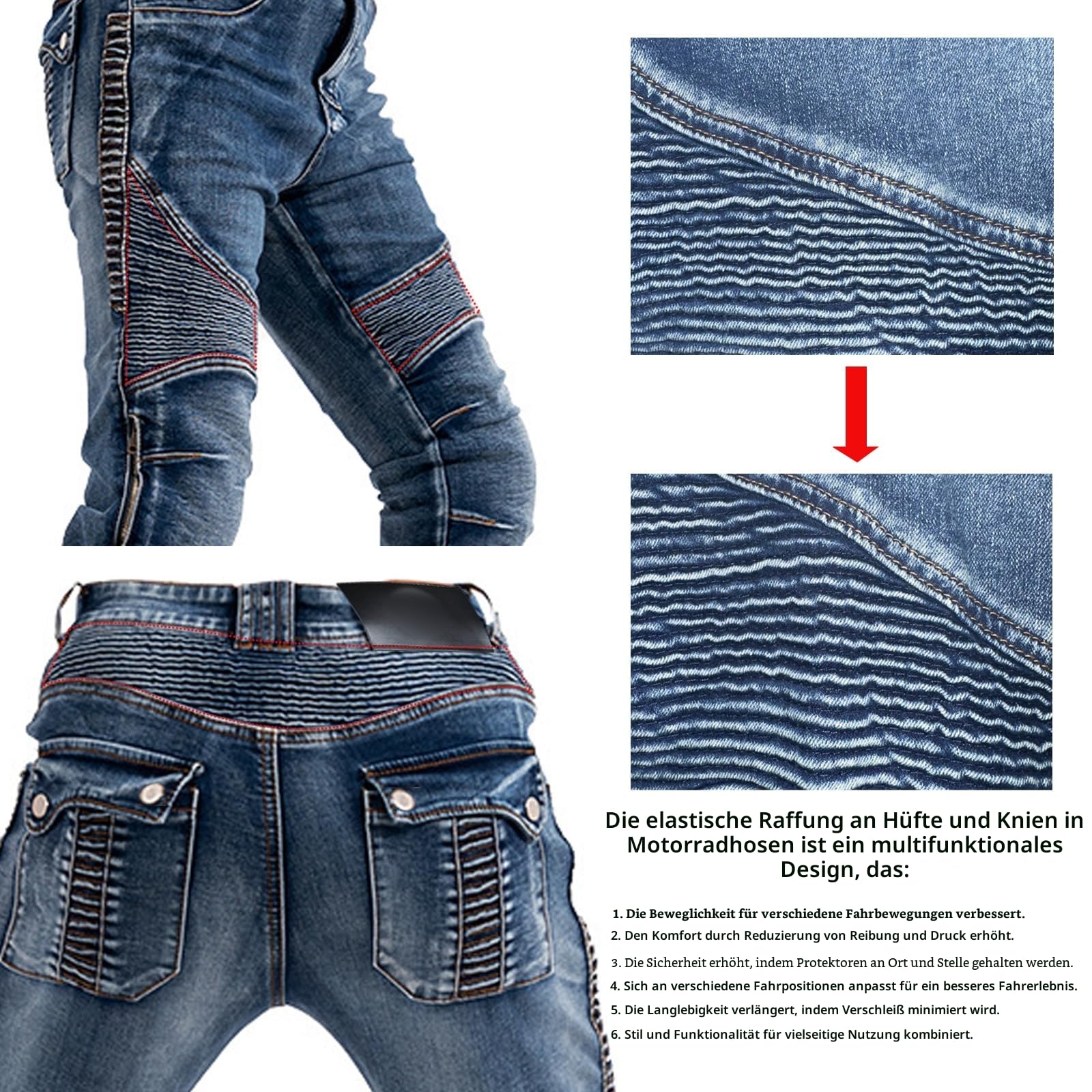 Herren Motorradhose Motorrad Reiten Schutzhose Denim Jeans Reißfester Stretch Vintage Jeanshose mit Abnehmbar Rüstung Knie-Hüftpolster